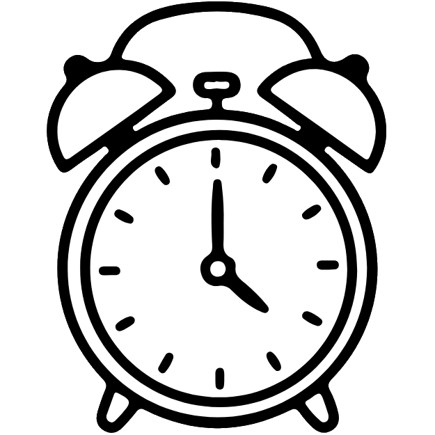 Black and white illustration of an alarm clock showing 5:00.