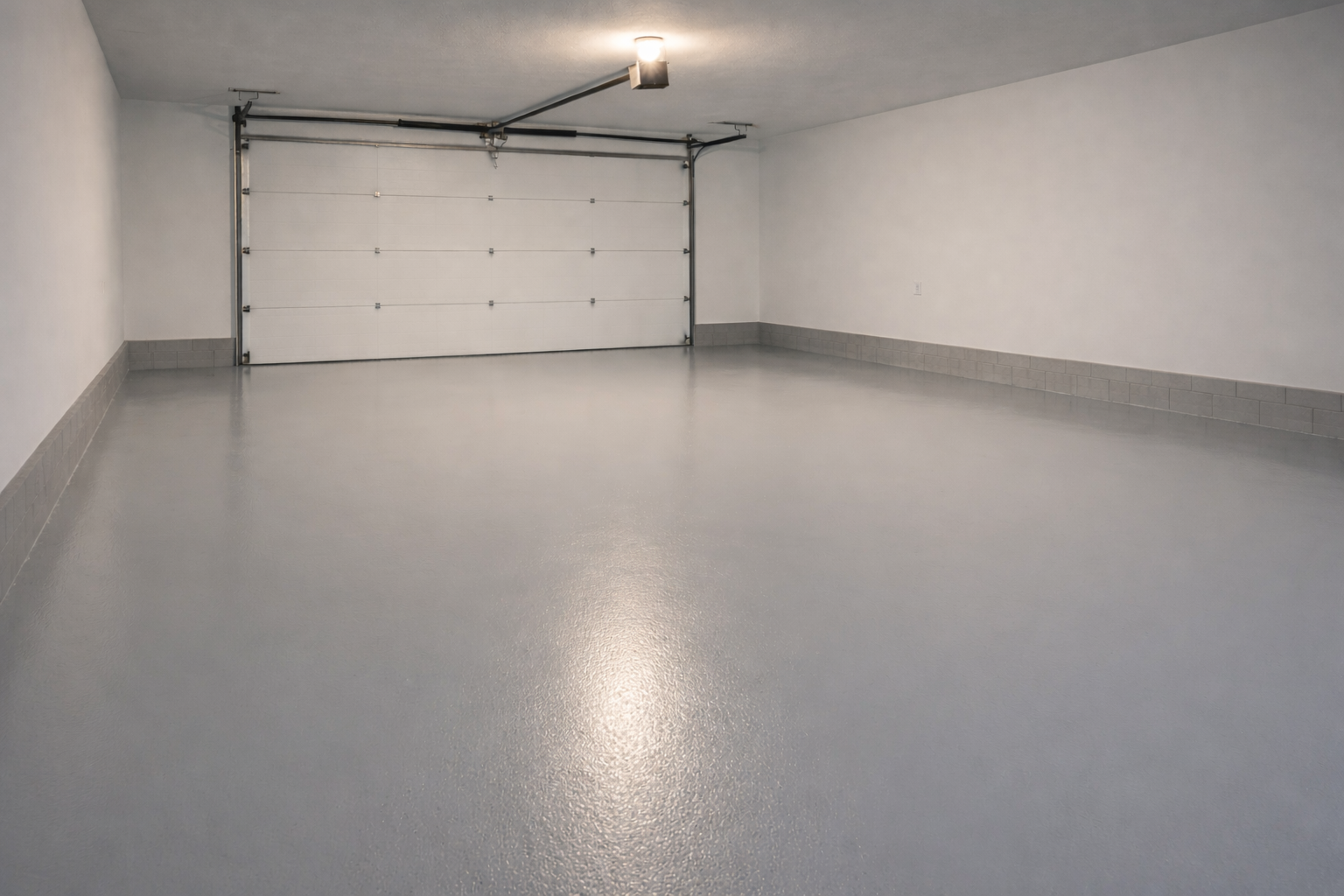 Empty clean garage with gray floor, white walls, and a closed white garage door.