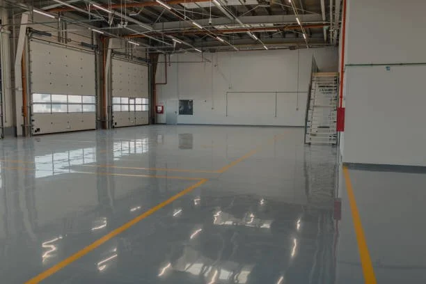 Empty industrial garage with polished concrete flooring, large garage doors, and exposed ceiling infrastructure.