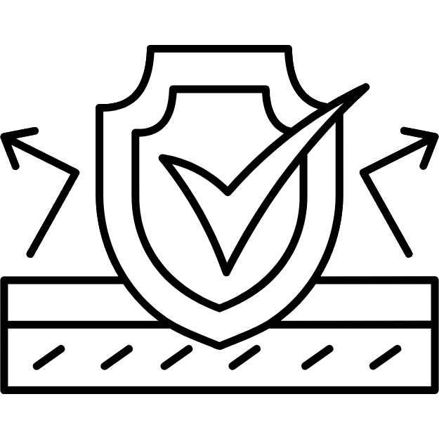 A shield with a checkmark in front of it, with arrows pointing outward from the shield, symbolizing protection or security.