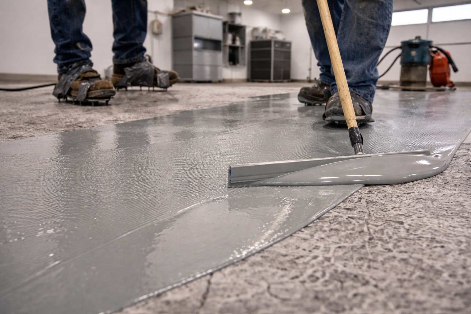 Workers installing epoxy flooring in a workshop, wearing work boots and jeans, with tools and equipment in the background.