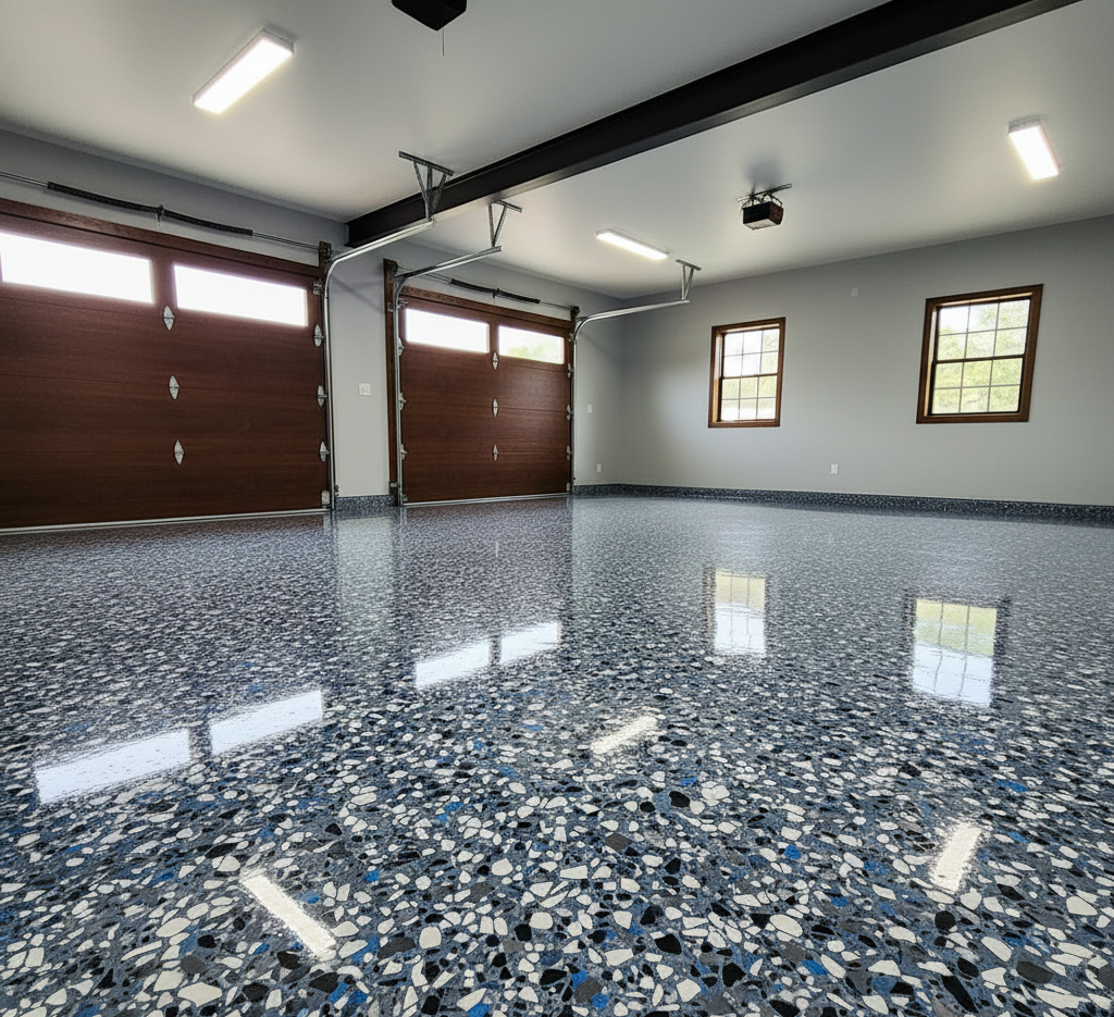 Empty garage with polished terrazzo floors, brown wooden garage doors, and two windows on the right wall.