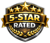 Gold 5-star rated badge with black background and gold details