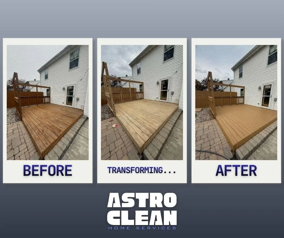 Comparison photos of a backyard deck before, during, and after cleaning and staining by Astro Clean Home Services. The deck is made of wood, attached to a white house, with a small gravel area and paver stones edging.