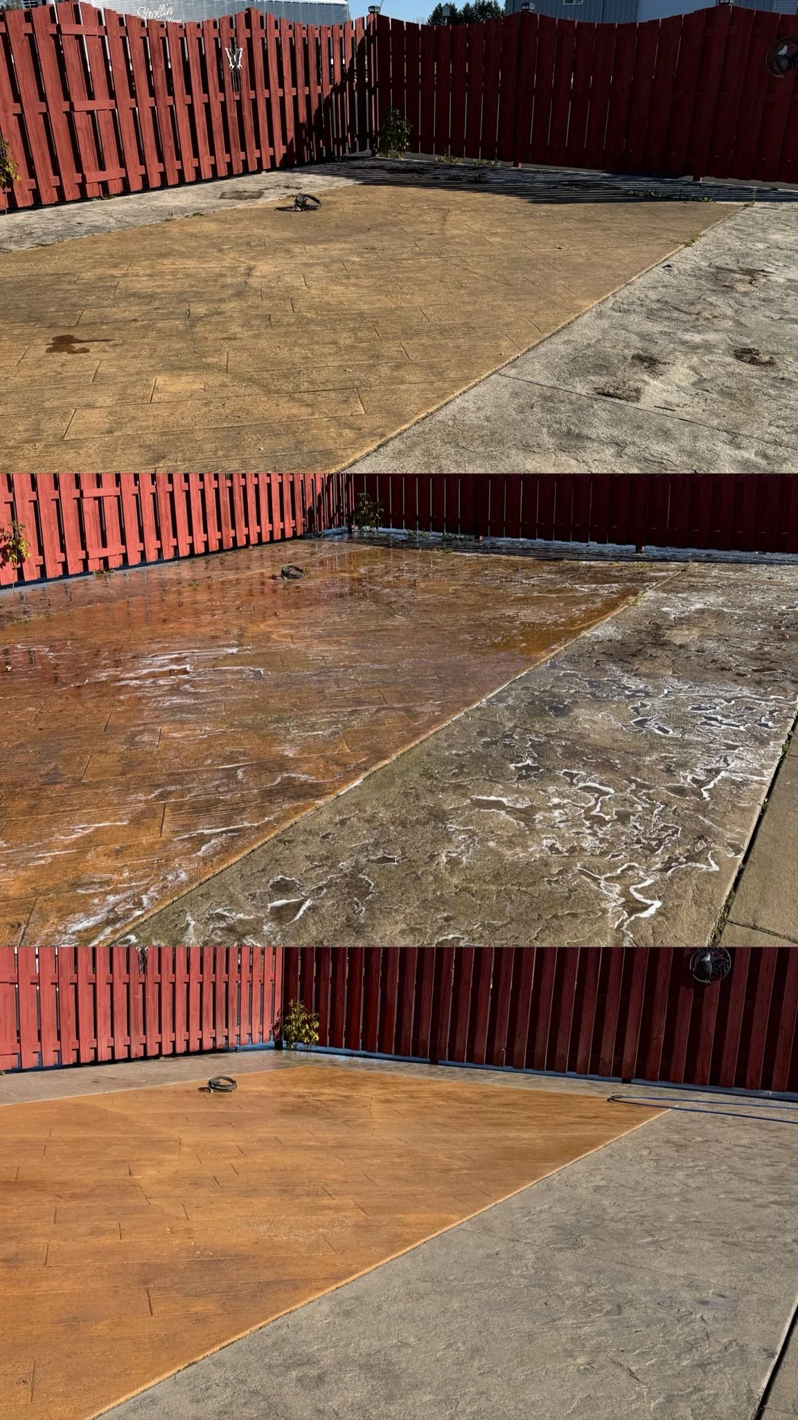 Sequence of three images showing a patio transformation. The first image shows an unfinished concrete patio with patches of grout and debris. The second image shows the same patio during the cleaning process, with the surface appearing wet and scrubb