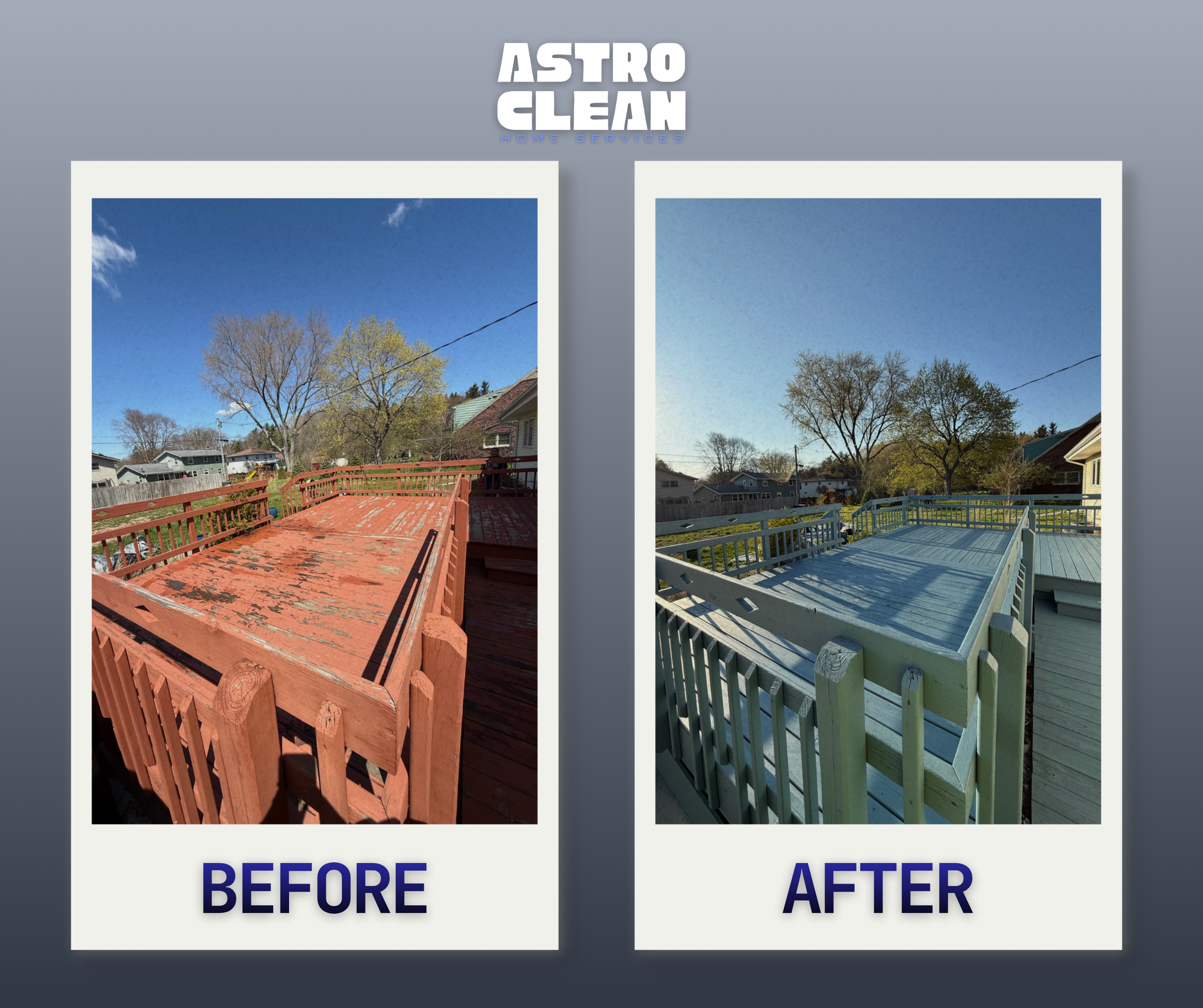 Side-by-side comparison of a backyard deck before and after cleaning and repainting, showing restored wood and paint.