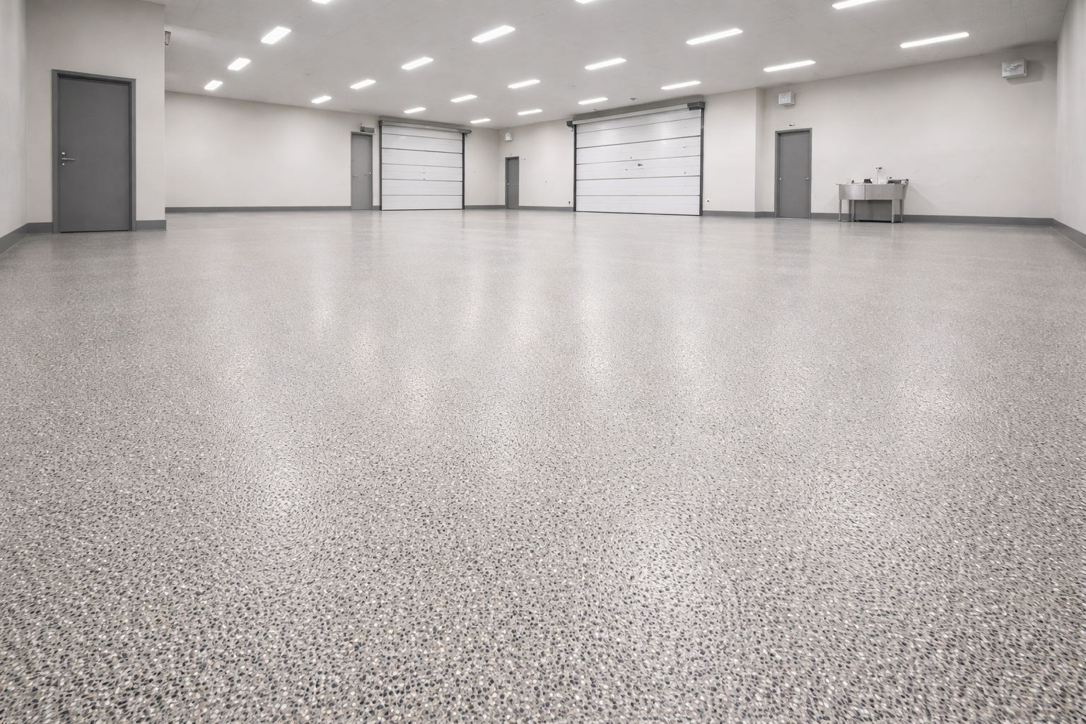 Empty industrial garage with polished speckled epoxy floor, white walls, gray doors, and overhead fluorescent lighting.