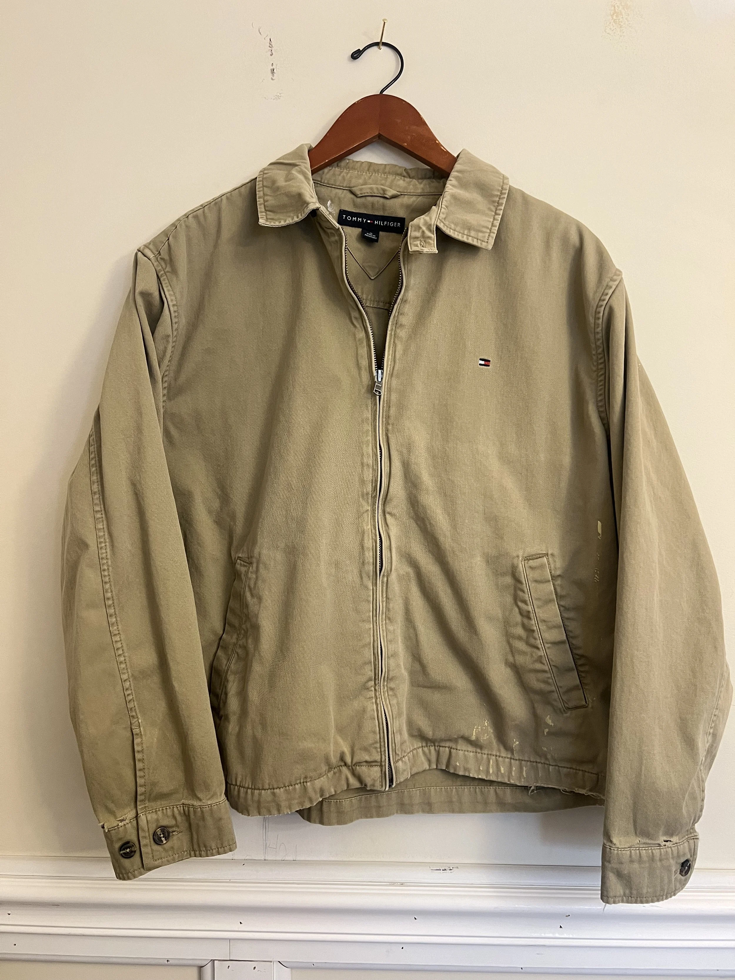 Tommy Hilfiger Zip Up Jacket Mens M Khaki Minimal Logo Workwear 2000s