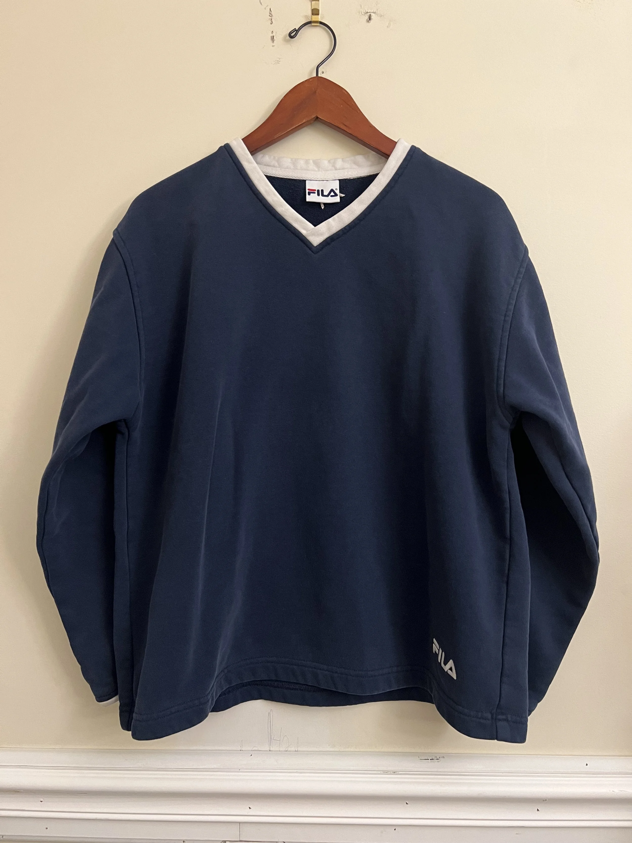 Vintage Fila V neck sweatshirt Navy Blue Boxy Y2K