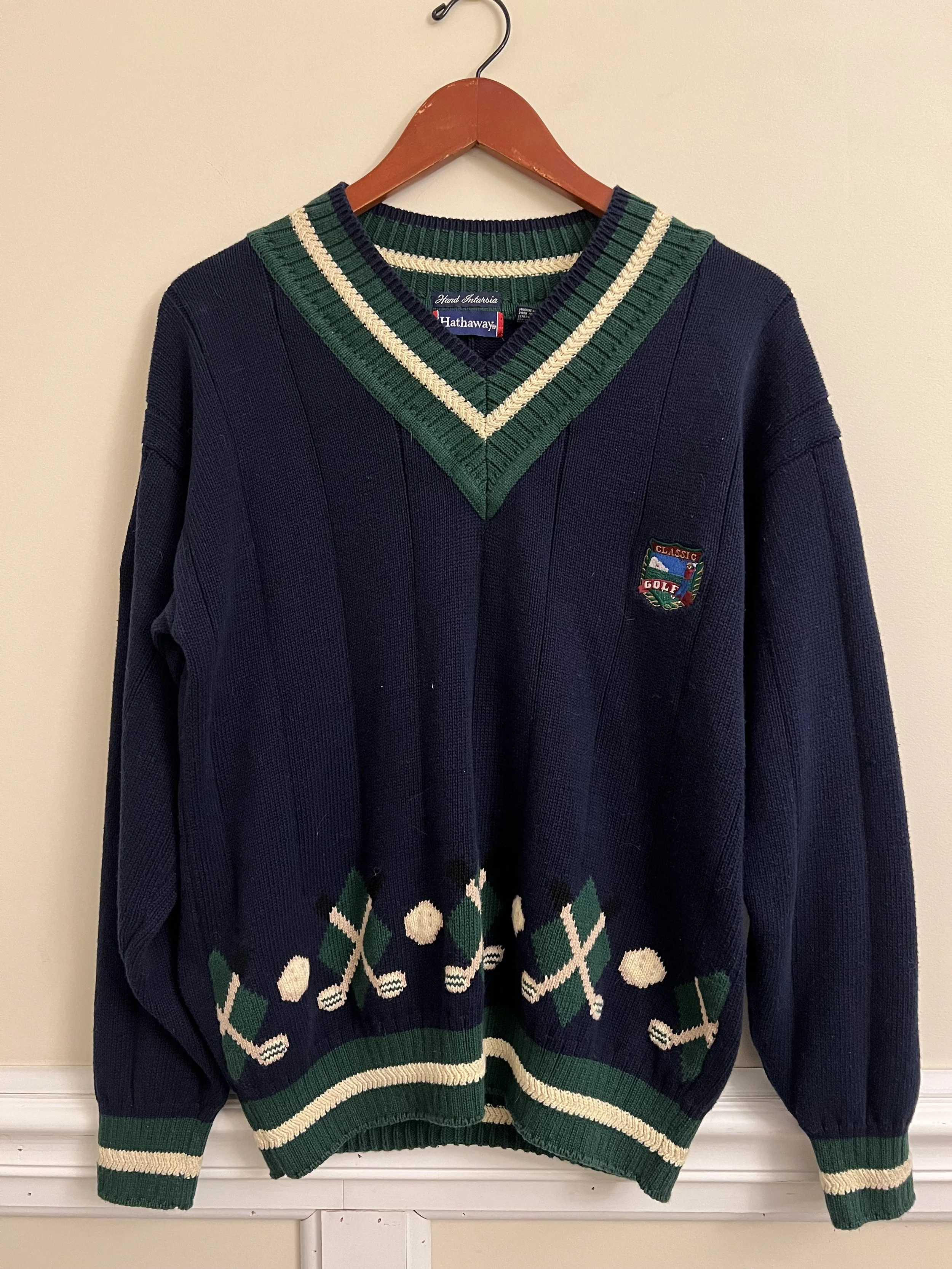 Vintage 80s Hathaway Mens Hand Knit Golf Sweater