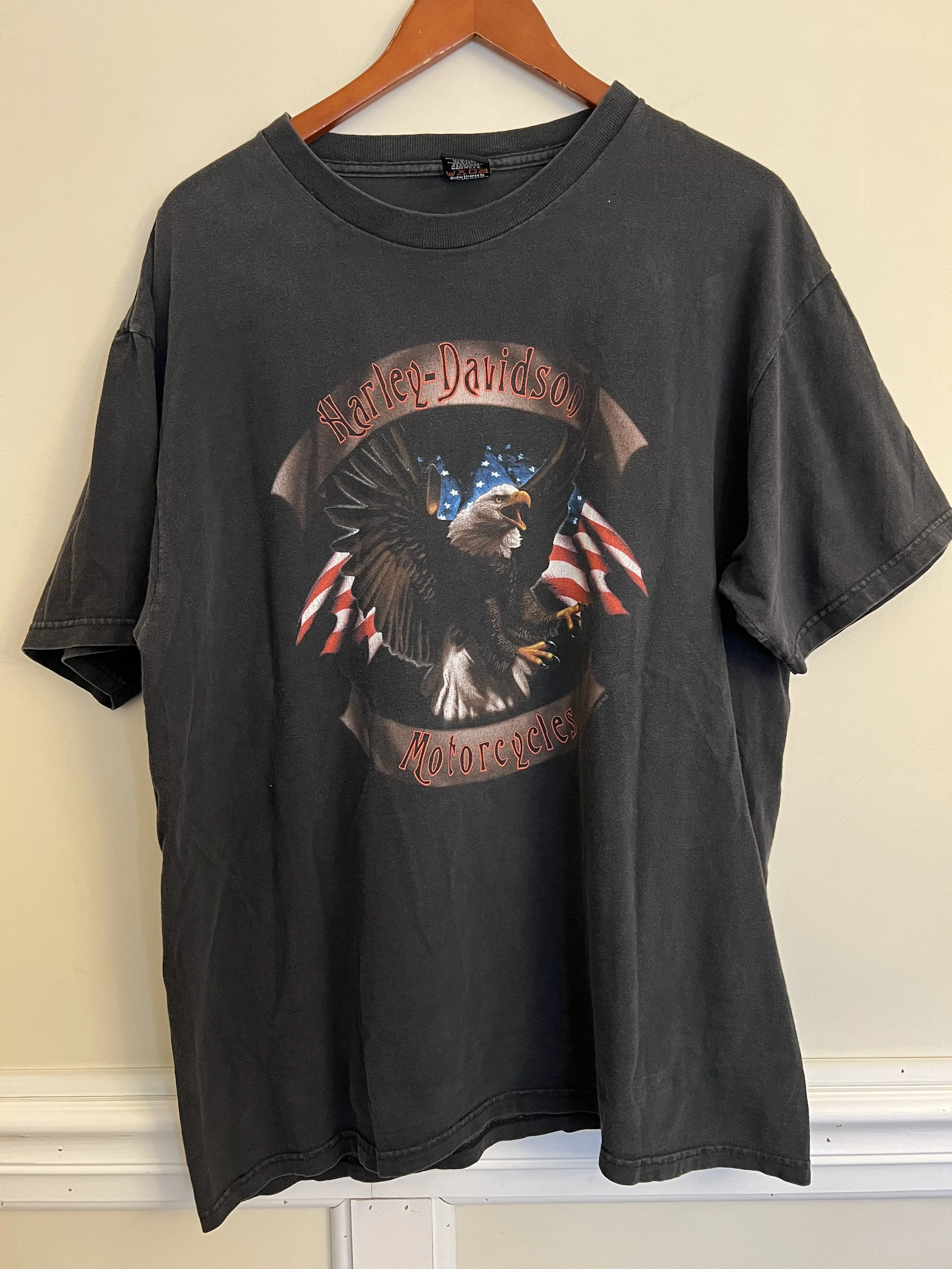 Vintage Early 00s Harley-Davidson Eagle Tee – Shelton’s NC Dealership – Faded Black – Double Sided