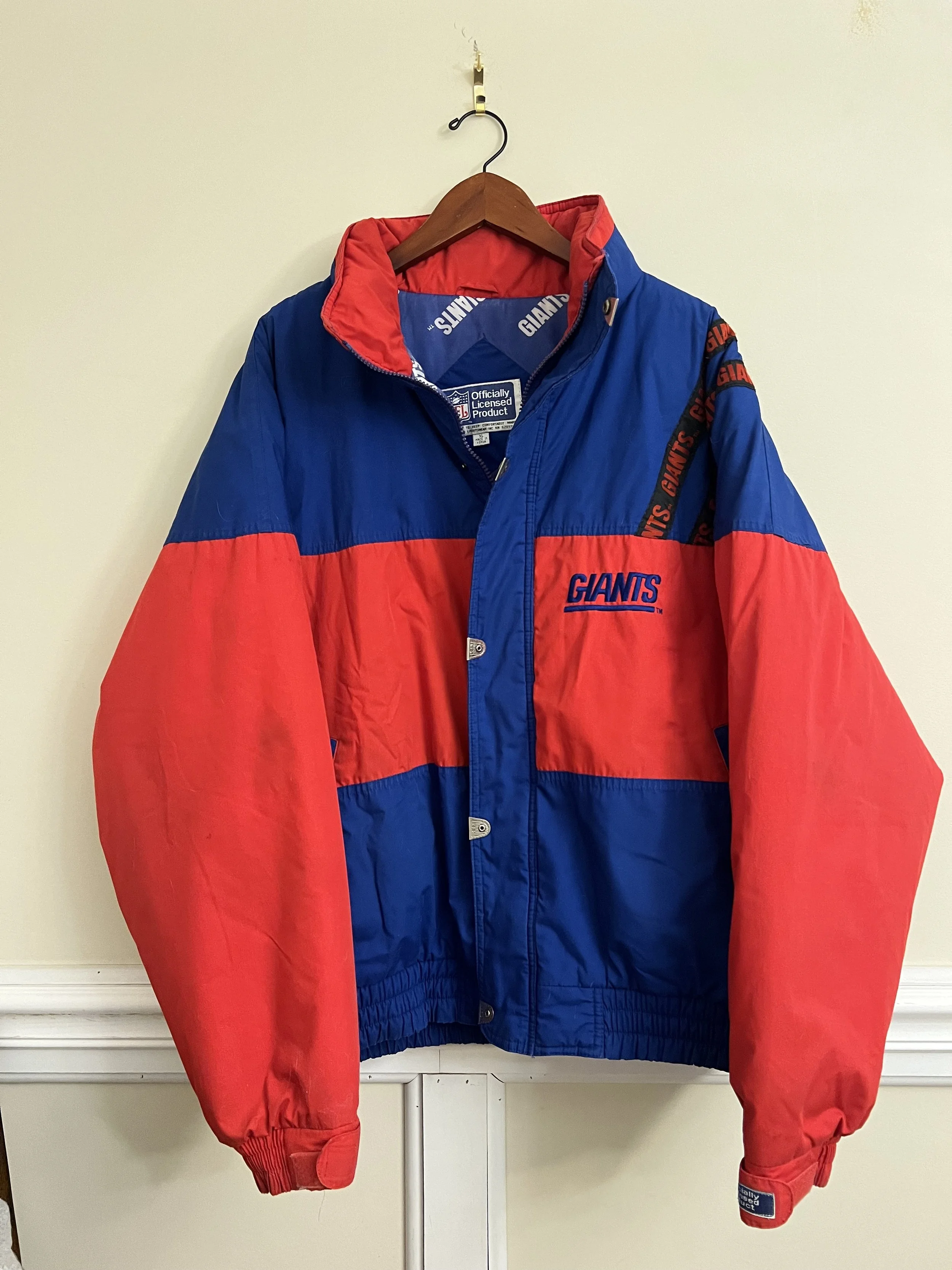 Vintage 90s New York Giants NFL Jacket Mens Blue Red Puffer Big Logo