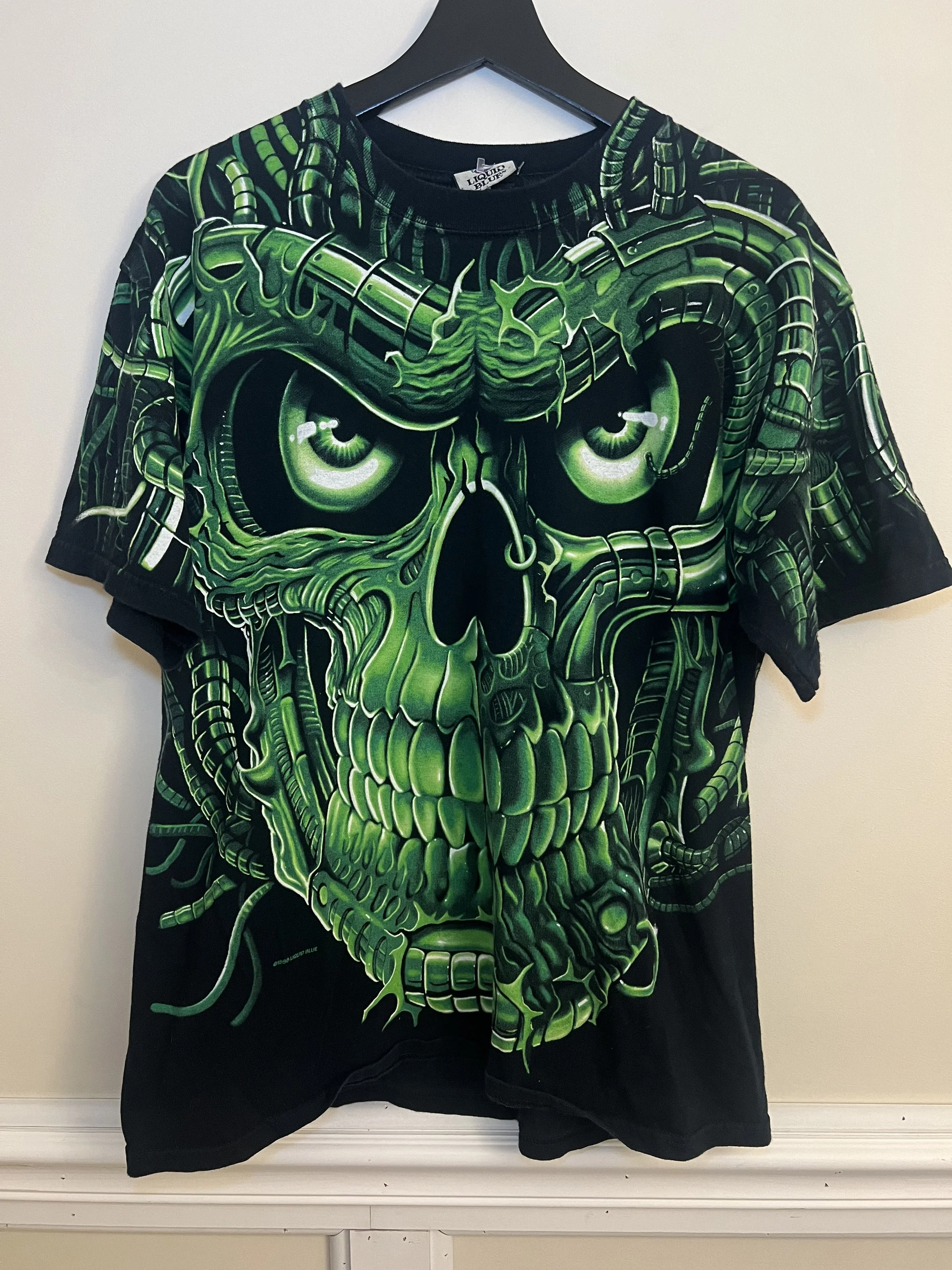 Vintage 1998 Liquid Blue Skull T-Shirt Black Graphic Tee USA Made