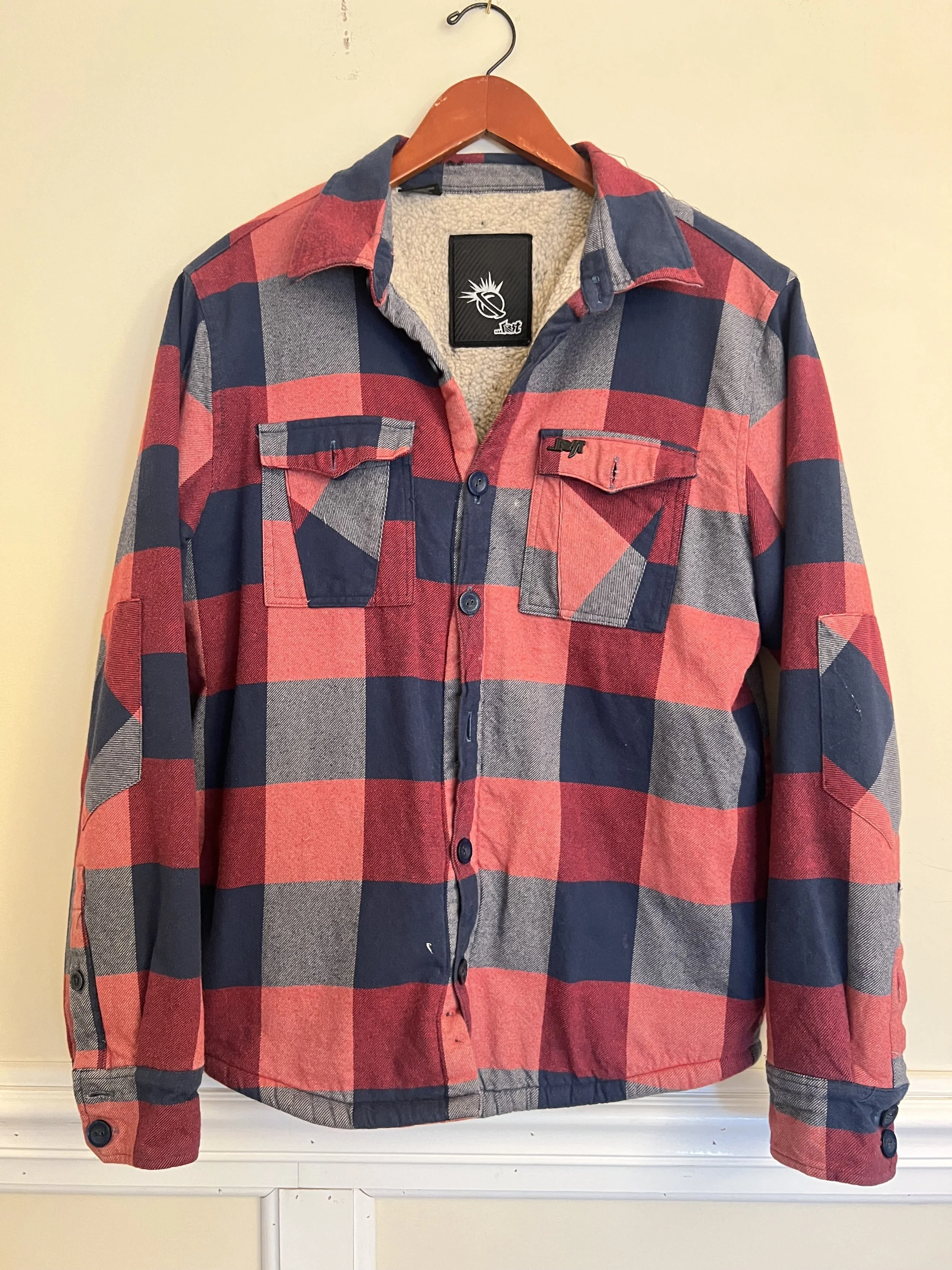 Y2K Lost Sherpa Lined Flannel Jacket Red Black Plaid