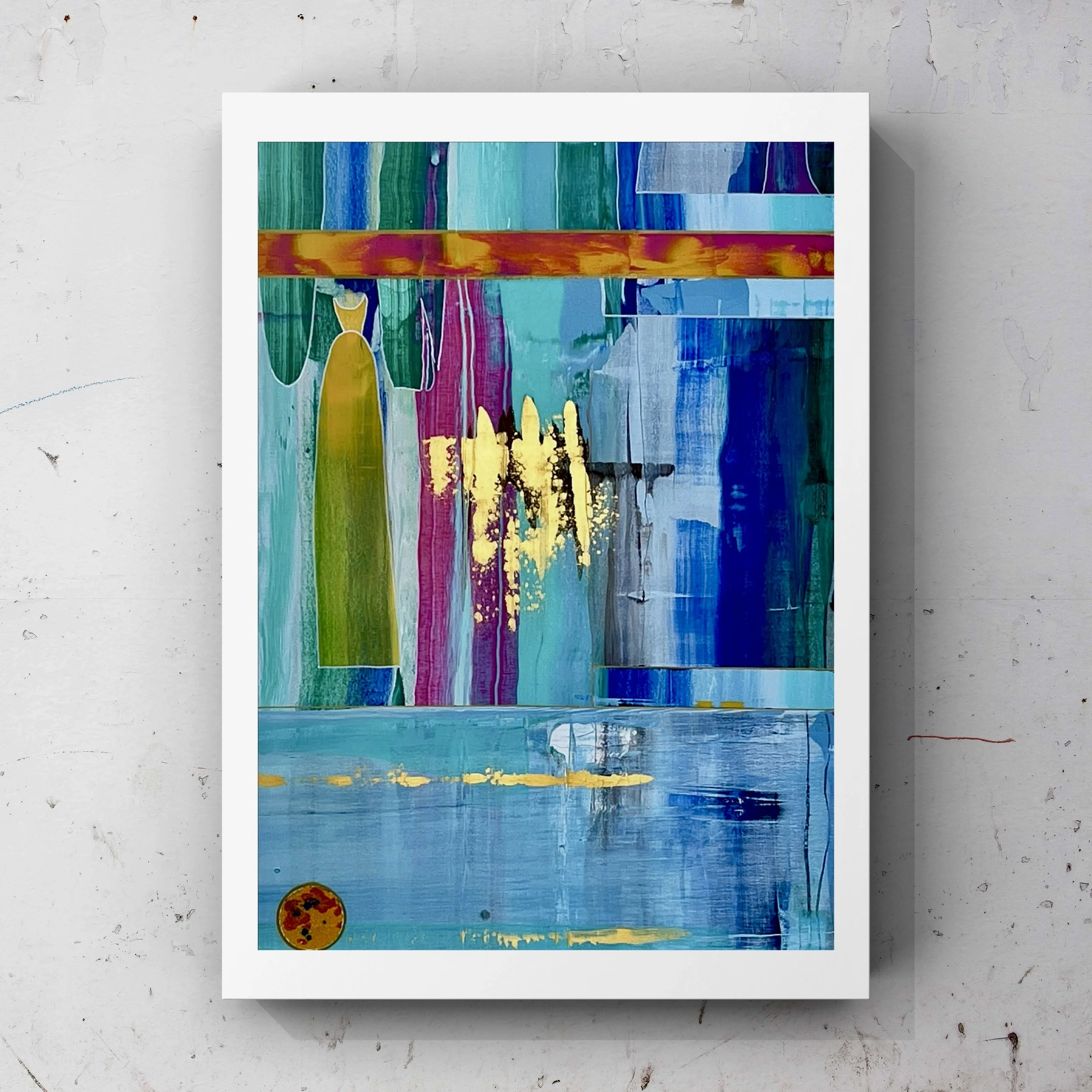 Abstract colorful painting with tall green and yellow shapes, splashes of yellow and pink, and various shades of blue, with a small circular element in the bottom left corner.