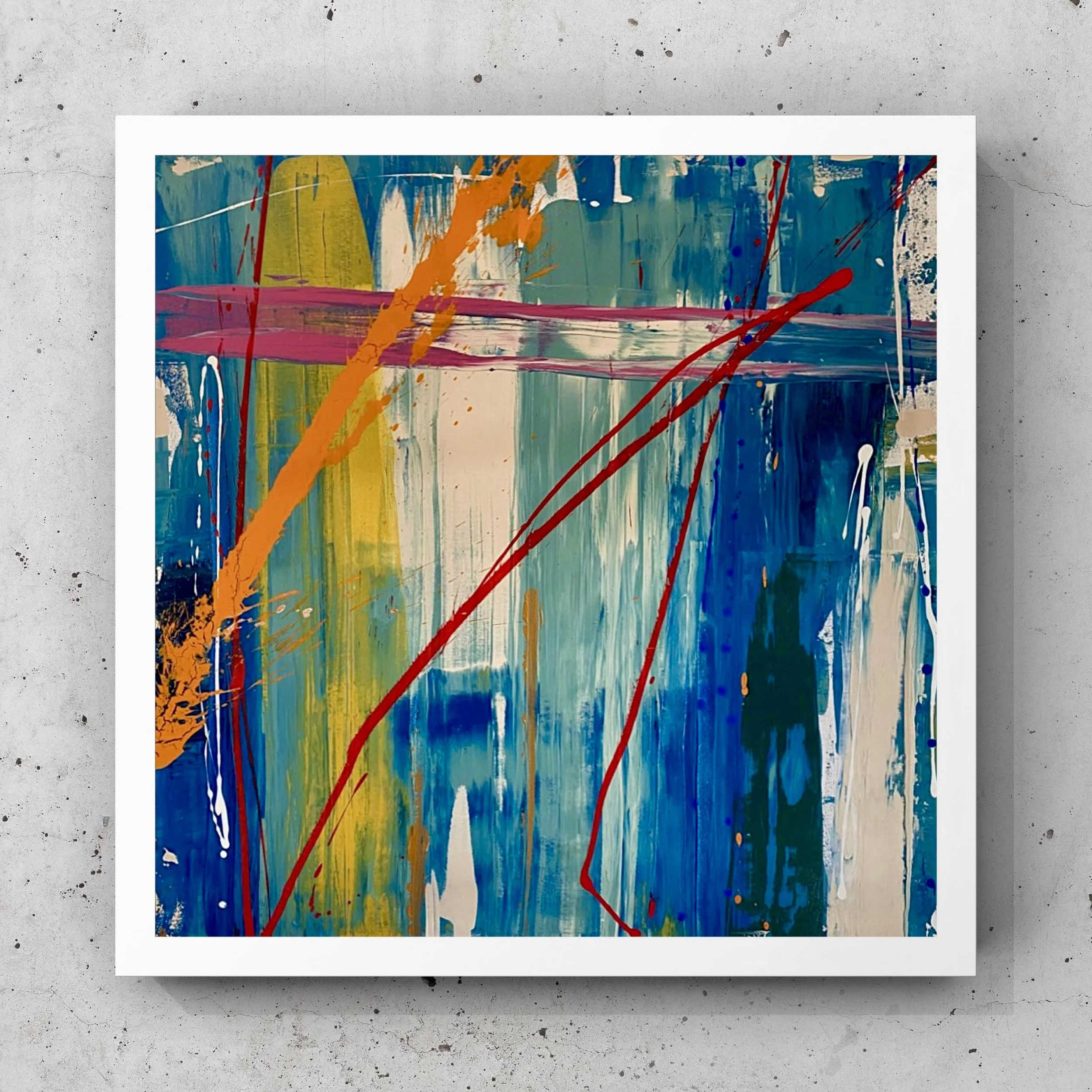 Abstract painting with various bold colors including blue, green, yellow, orange, red, pink, white, and black, featuring broad brushstrokes, drips, and splatters.