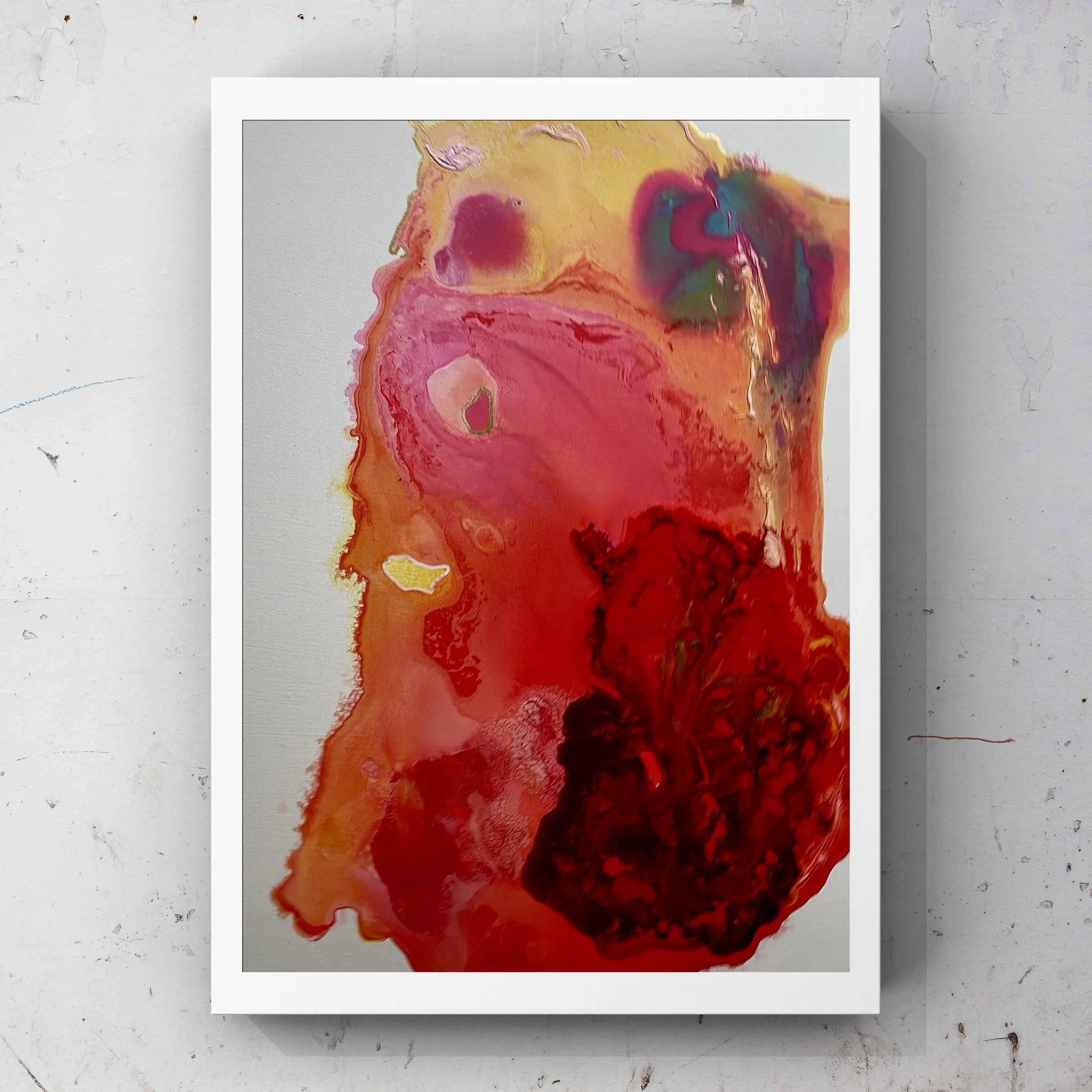 Abstract colorful painting with red, pink, yellow, green, blue, and purple hues on a gray background.