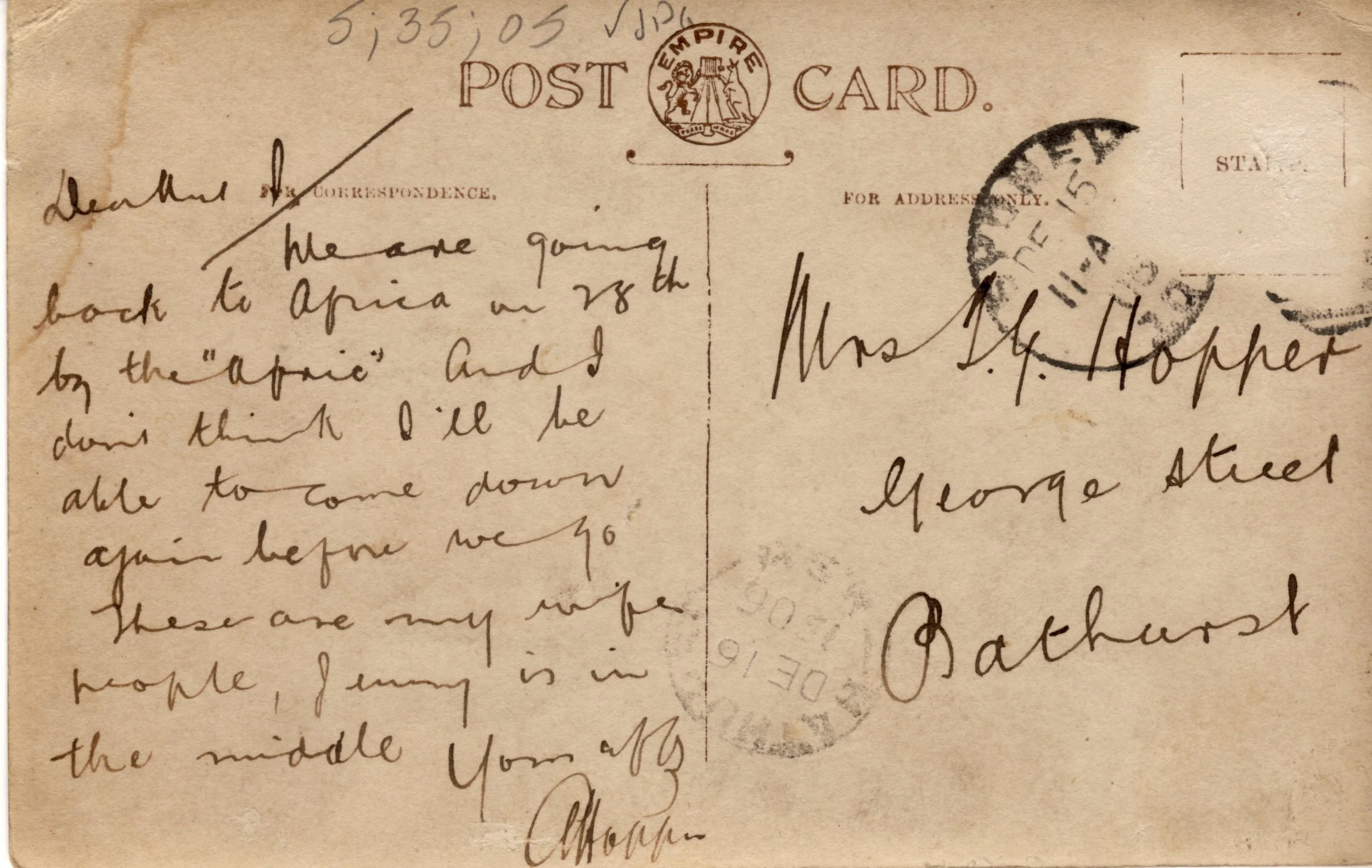 An old, sepia-toned postcard with handwritten cursive text. It is addressed to Mrs. G. M. Hopper at George Street, Bathurst. The postcard features a postmark from Bathurst and an Empire emblem stamp at the top center.