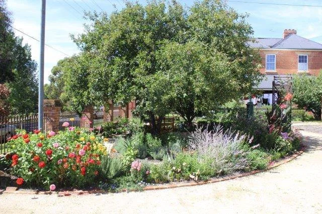 A lush garden with colorful flowers, trees, and shrubs, surrounded by a curved pathway, with houses and clear blue sky in the background.
