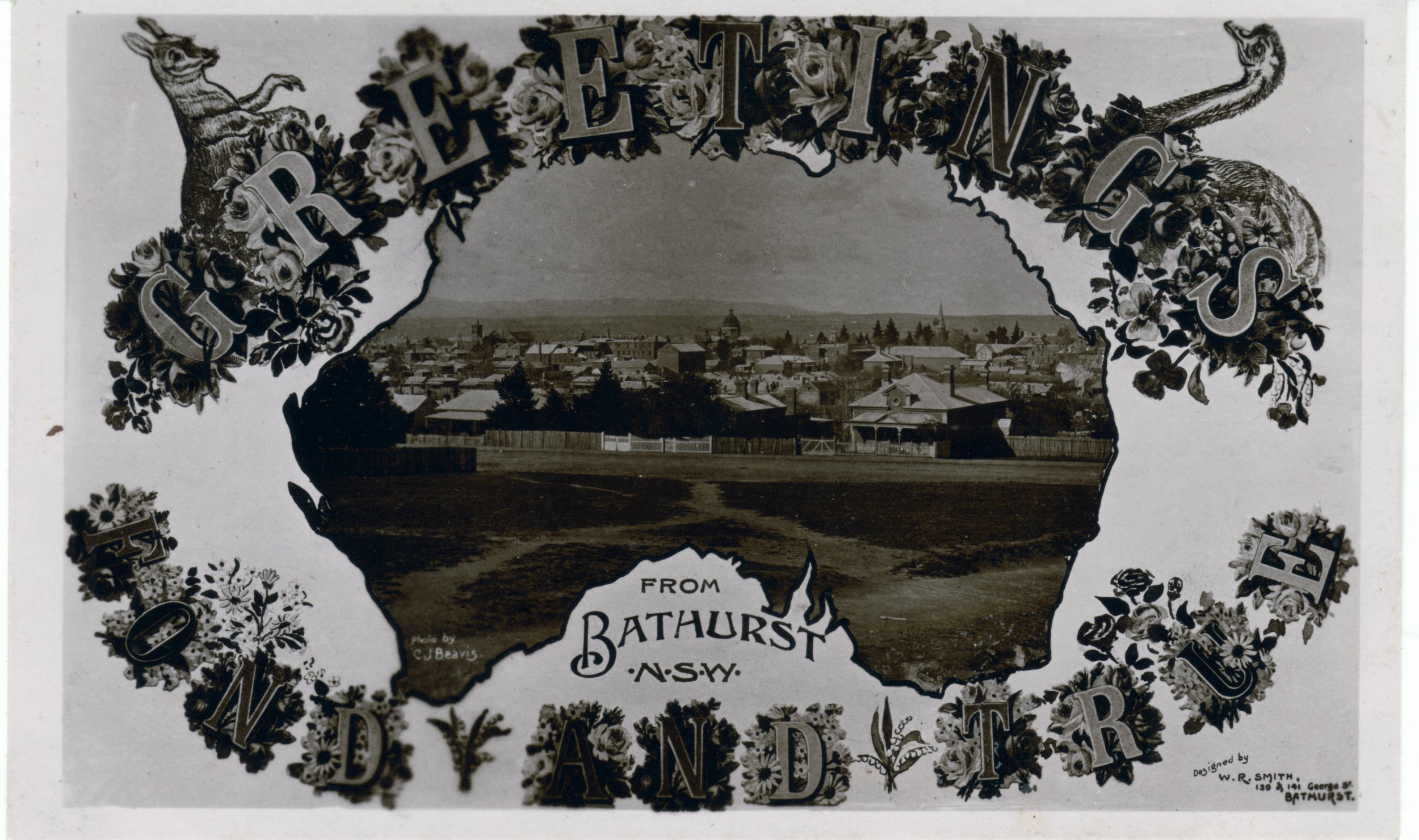 A vintage black and white illustrated postcard of Bathurst, New South Wales, featuring the town's skyview within a floral border spelling out 'Greetings from Bathurst N.S.W.' and a central photo of the town with surrounding buildings and hills.