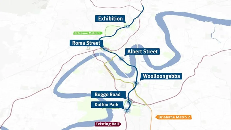 Map of Brisbane showing railway and metro routes, including Exhibition, Roma Street, Albert Street, Woolloongabba, Boggo Road, Dutton Park, and existing rail lines.