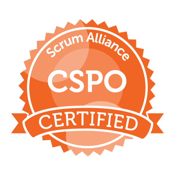 Seal with orange background and white text that reads "Scrum Alliance CSPO Certified".