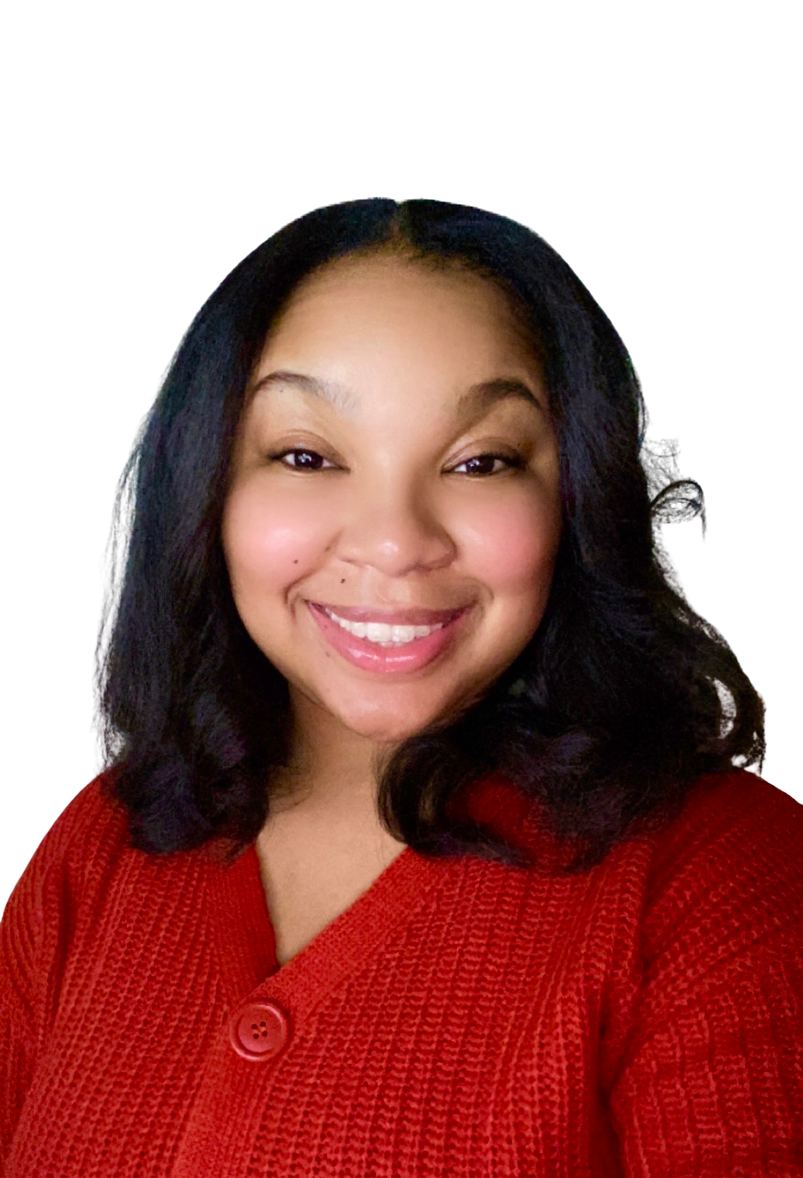 A woman with long dark hair smiling, wearing a red textured sweater, against a black background.