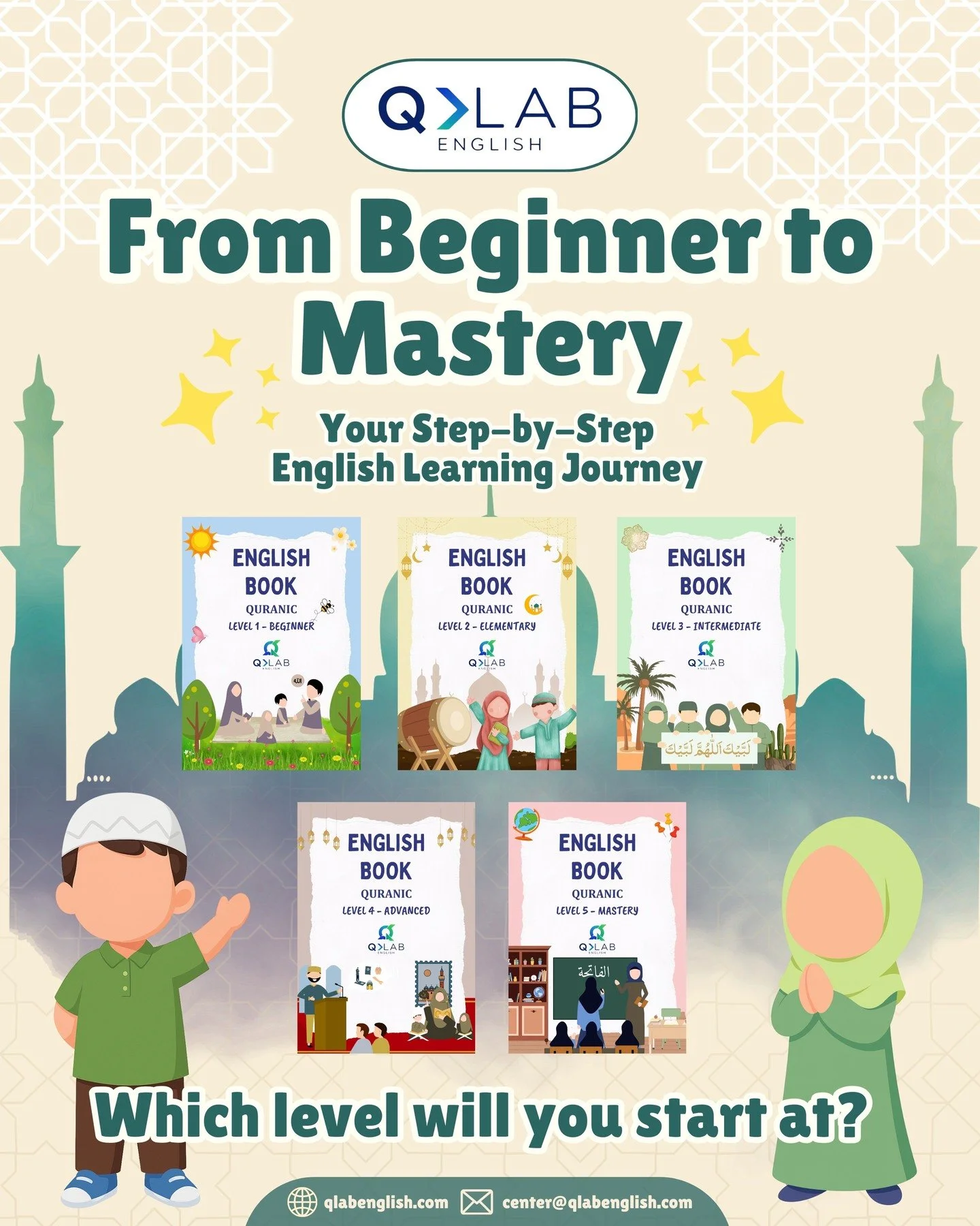 At QLab English, every learner grows step-by-step.
Our level system is designed to help students progress with confidence and clarity.

From Beginner to Mastery, each level includes:
✅ Islamic-friendly topics
✅ Vocabulary for real-life use
✅ Speaking
