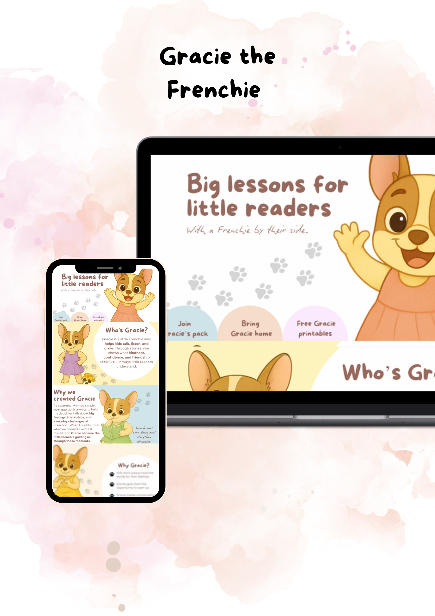Digital and mobile device screens displaying promotional content for Gracie the Frenchie, a children's educational character, with cartoon images of a cute French Bulldog puppy and text about lessons for young readers.