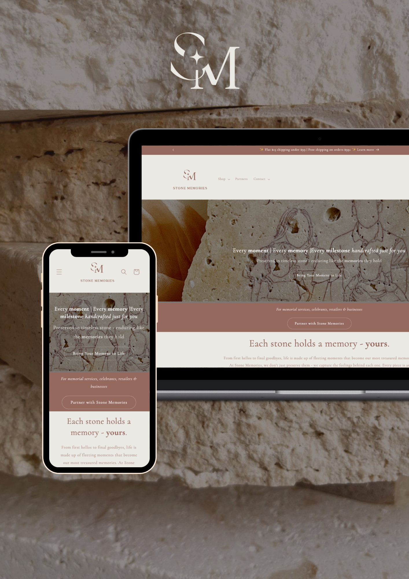 A computer and smartphone displaying a website for Stone Memories, a business specializing in handcrafted memorial stones, placed on a textured stone surface.