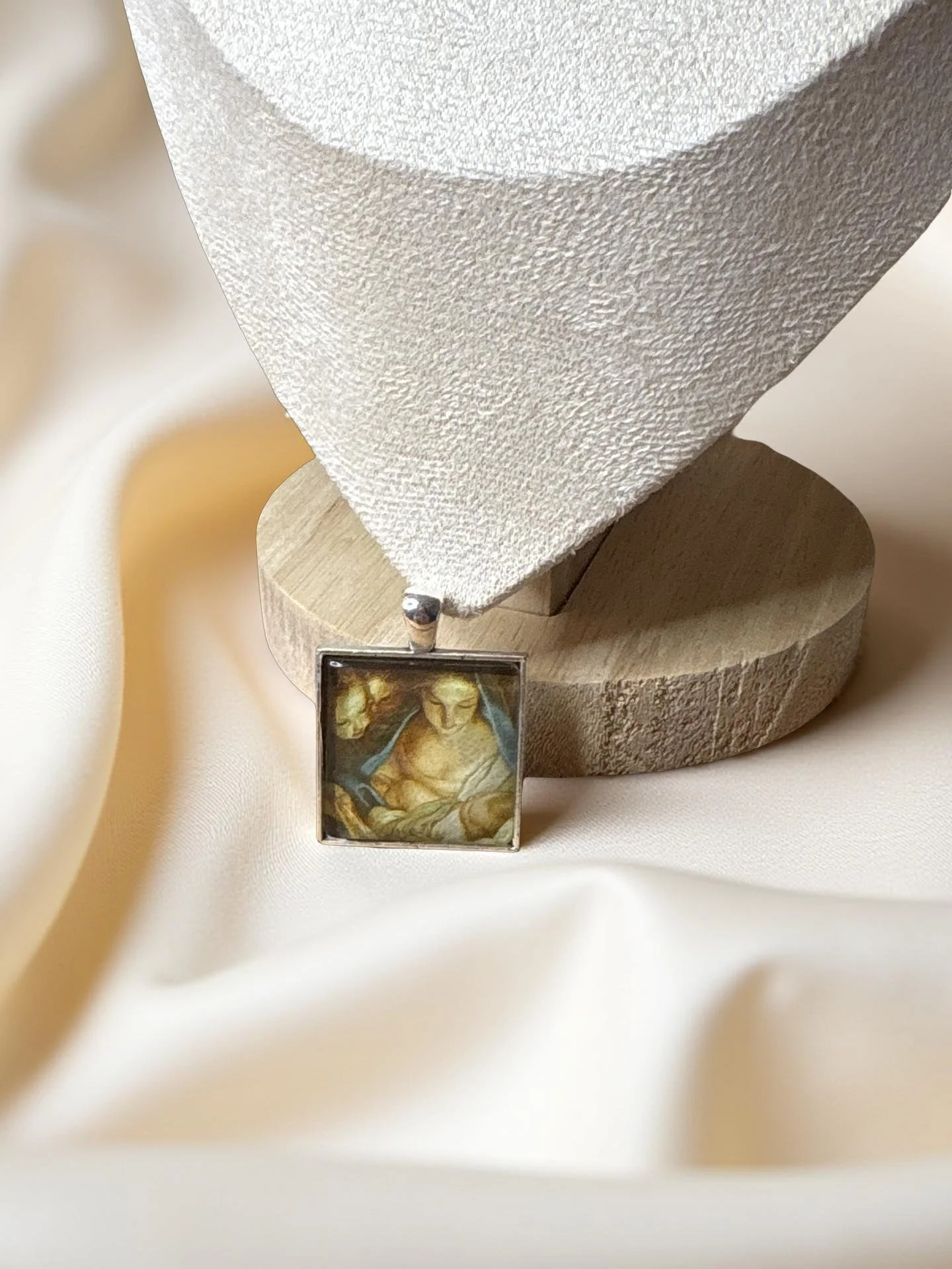 Baby Jesus and Mary Vintage Stamp Necklace