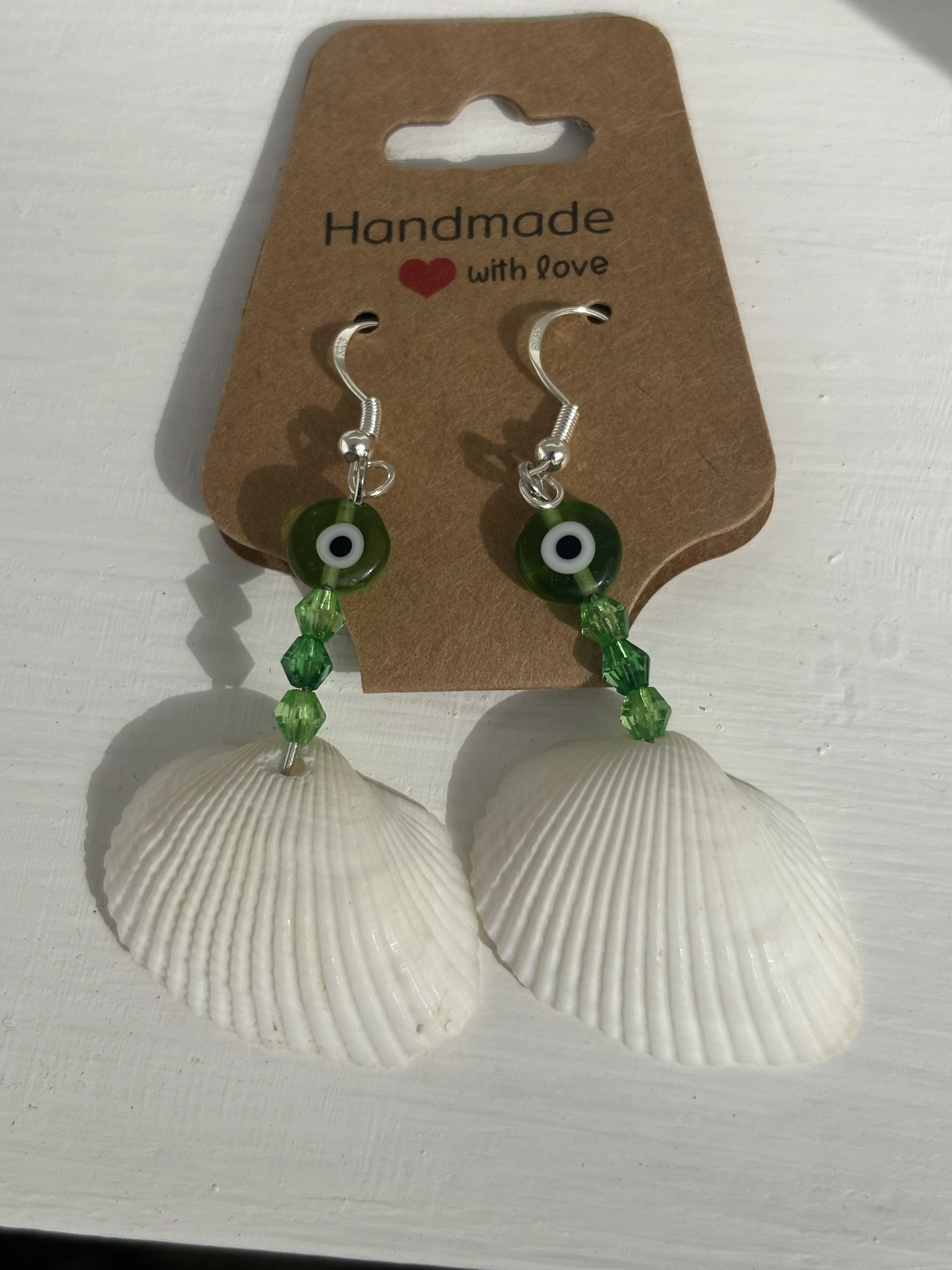 Green Evil Eye Beaded Shell Earrings