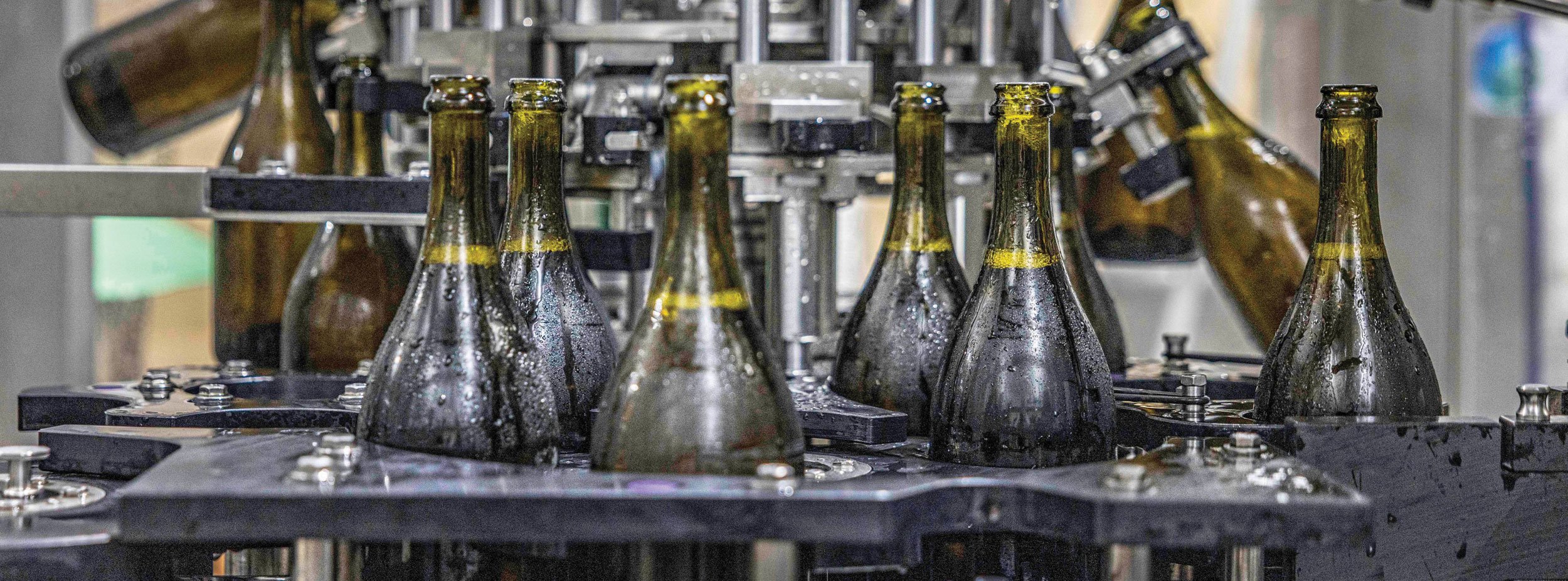 Sparkling bottles being filled with wine in an automated bottling machine.
