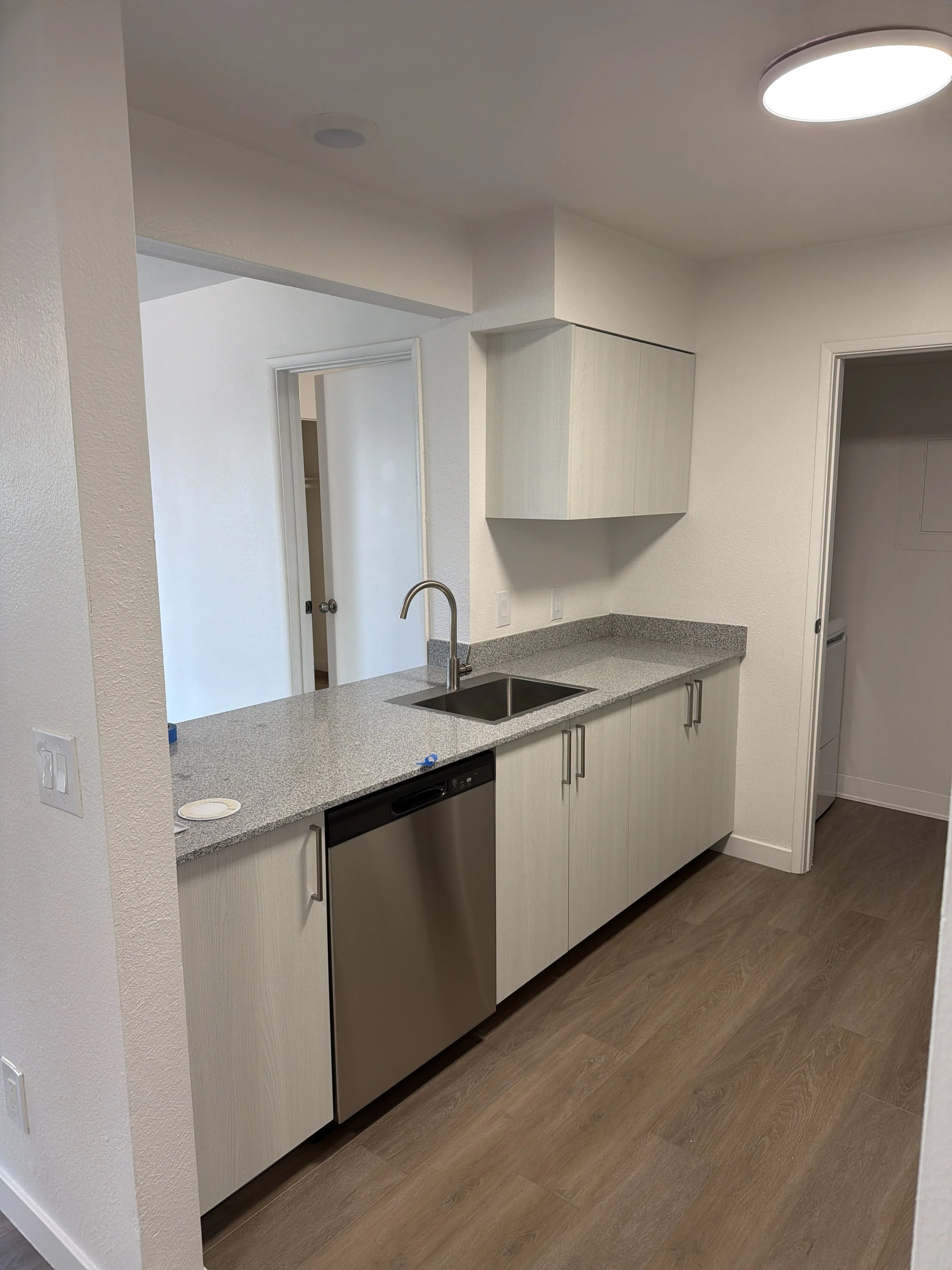 A modern kitchen with light-colored cabinets, a stainless steel dishwasher, a granite countertop, and a sink with a curved faucet. There's a door to a laundry area in the background and a ceiling light fixture.