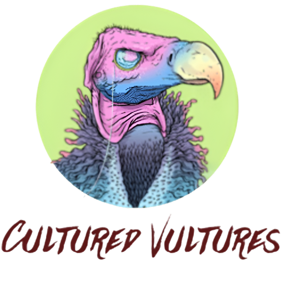Illustration of a colorful bird with a pink and blue head, yellow beak, and feathered neck, with the words 'CULTURE VULTURES' written below.