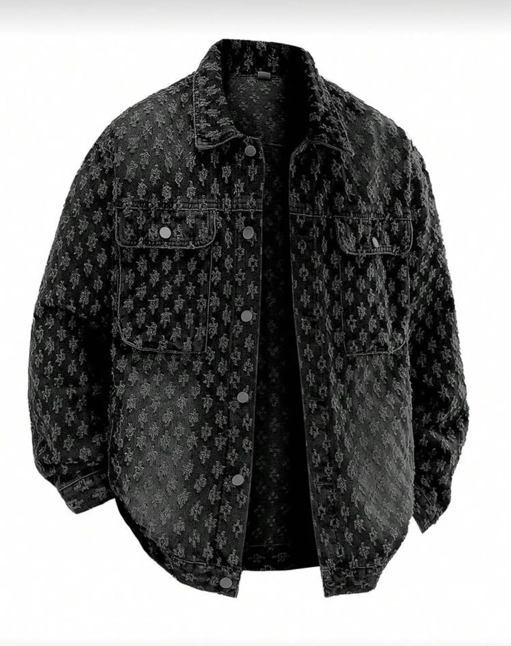 Black Floral Patterned Denim Trucker Jacket