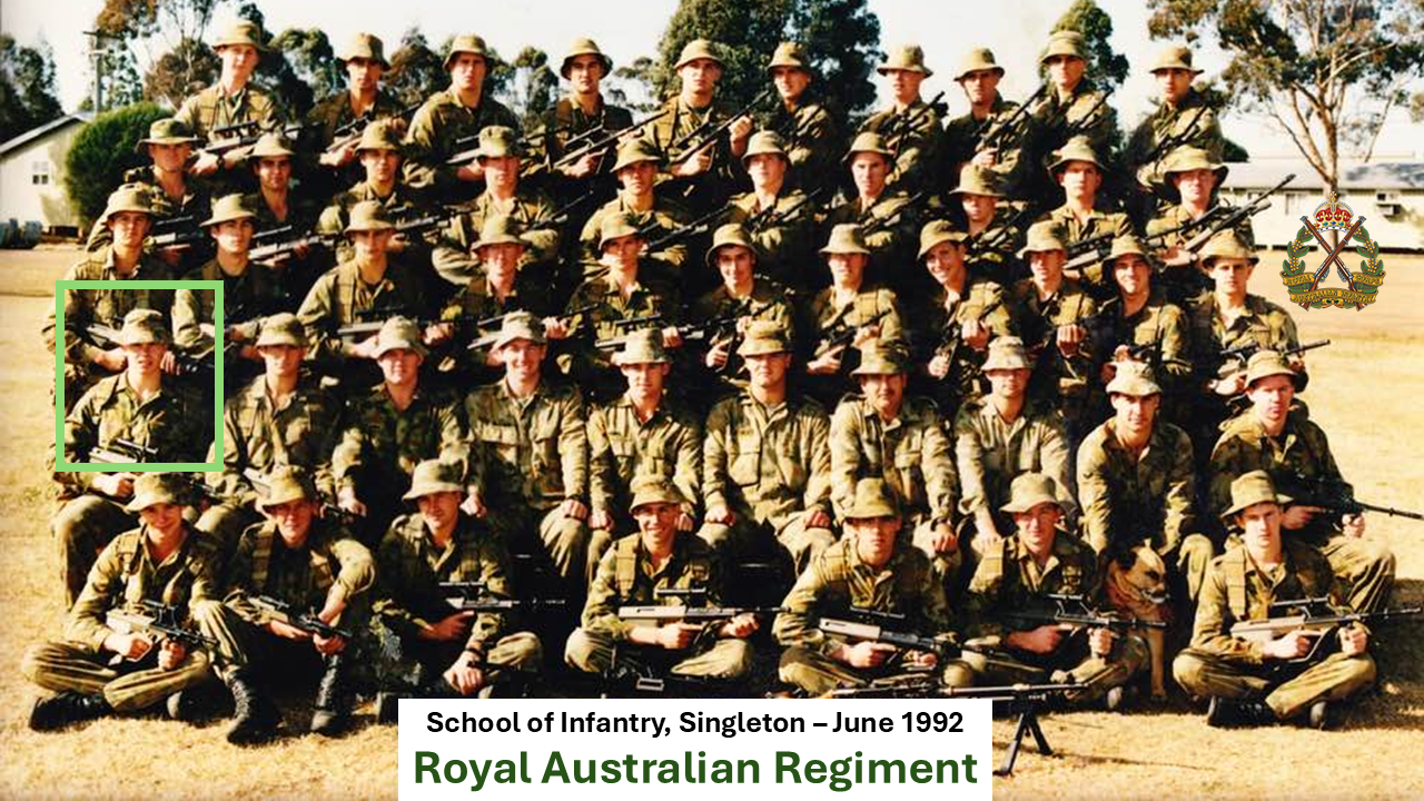 Paul Gardner Brook (P.G. Brook) graduation photo at the School of Infantry, Singleton. Royal Australian Regiment infantry training