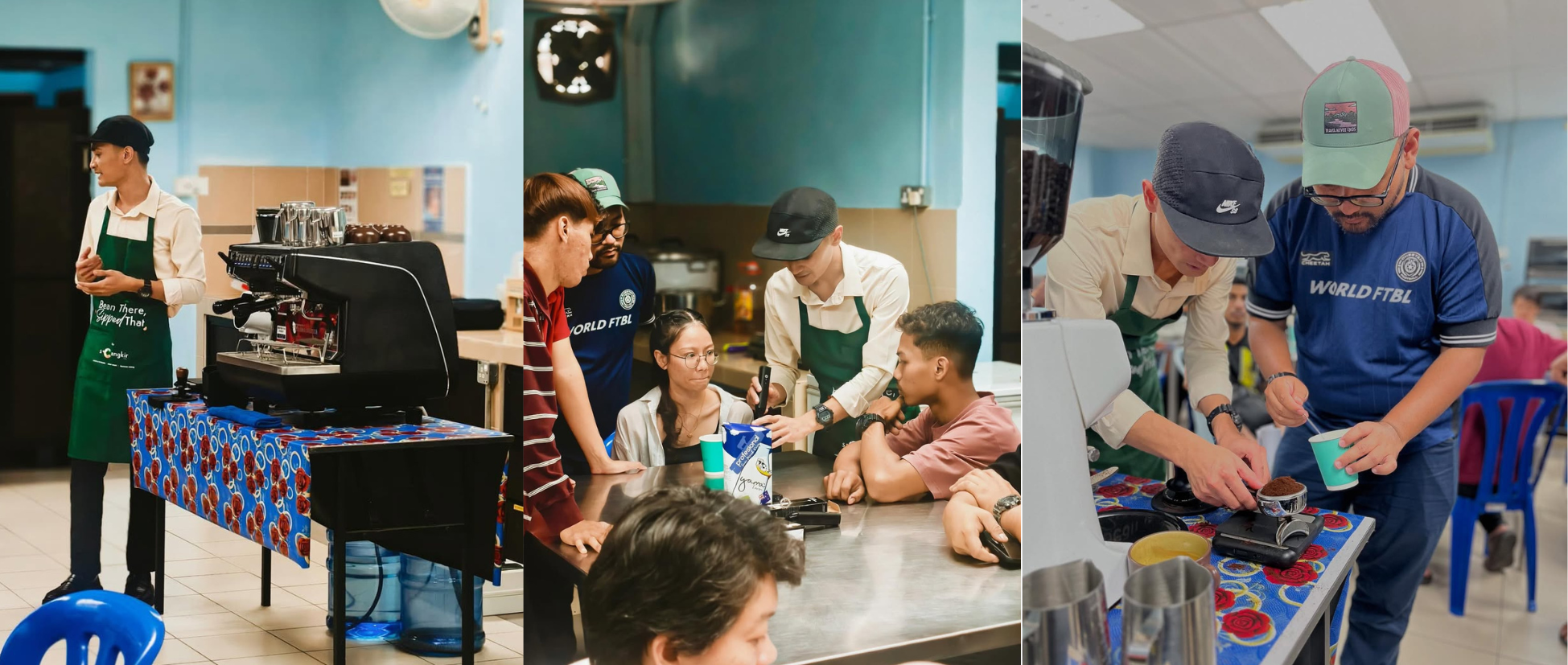 A cafe scene with a barista in a green apron preparing coffee, a group of customers being served, and two people measuring ingredients for a dessert with a coffee cup on a colorful tablecloth.