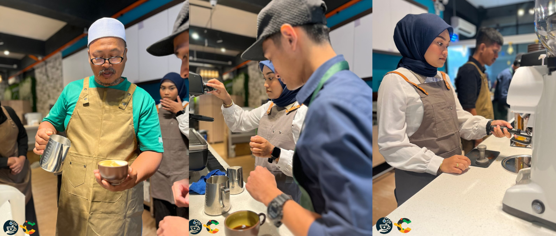 People making coffee at a cafe, with a man pouring milk, and a woman operating coffee equipment, in a modern coffee shop setting.