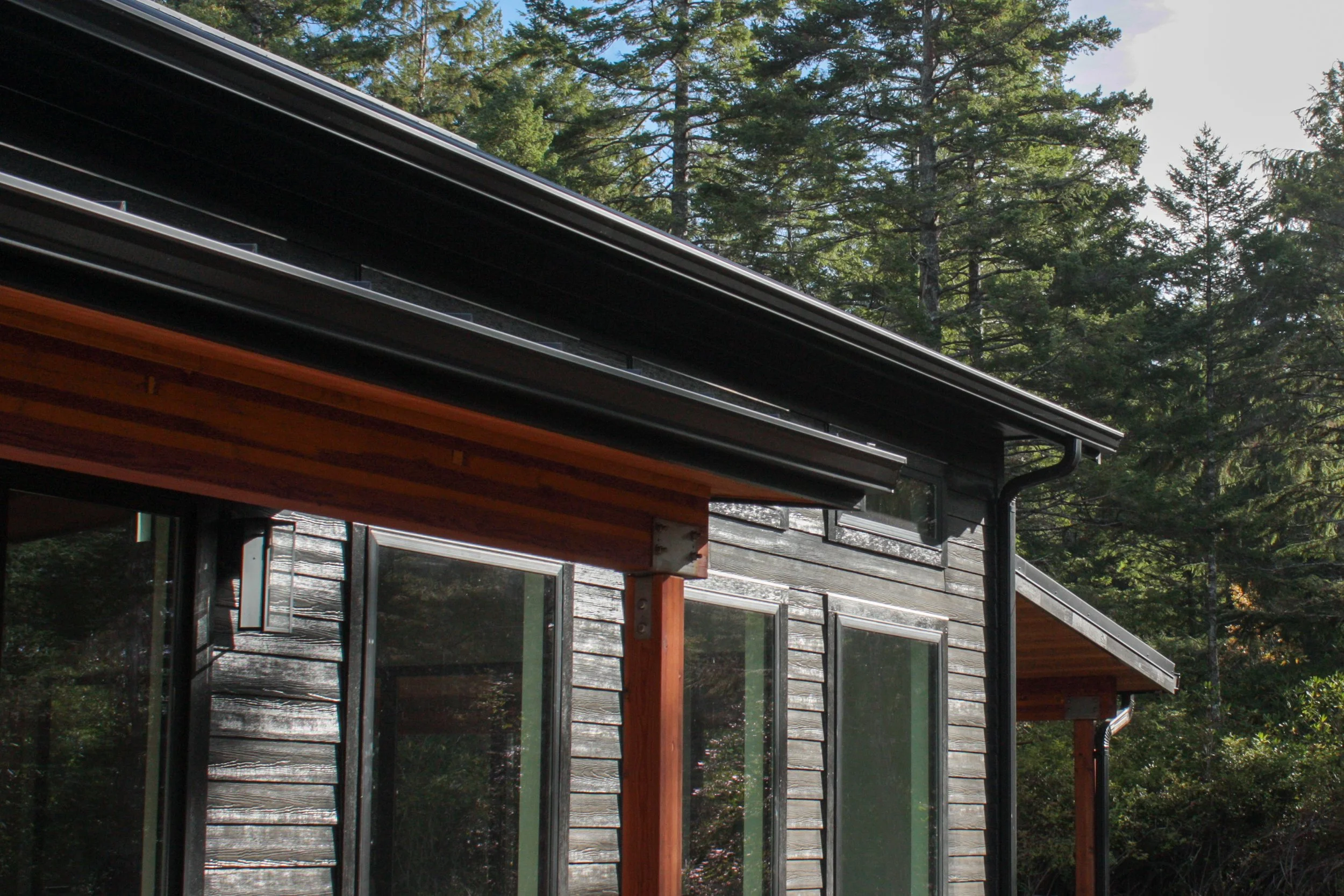 Close-up of a modern house with dark wooden siding, large windows, and a black roof, surrounded by tall green trees under a clear sky.