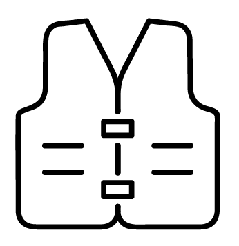 A simple line drawing of a construction jacket with adjustable straps for tools.