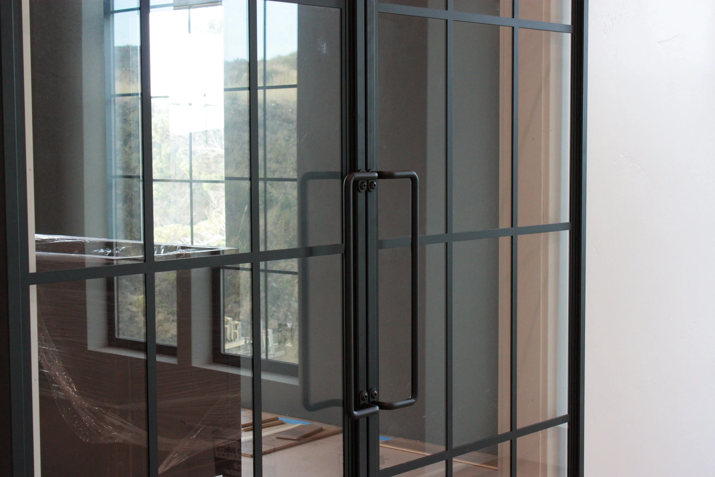 Close-up of a black metal framed glass door with a handle, leading to a room with large windows showing an outdoor view of trees and hills.
