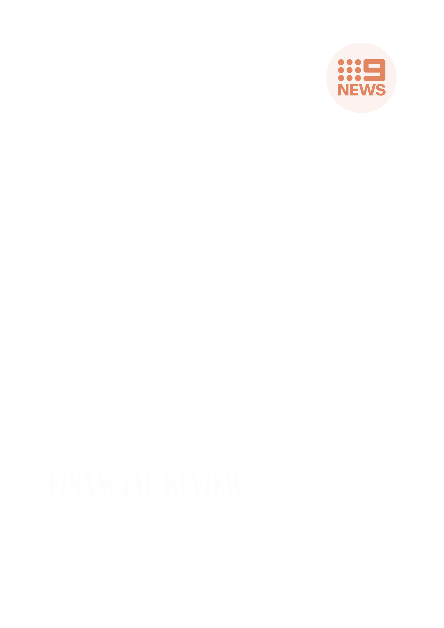 Compilation of various news outlet logos on a black background, including The Sydney Morning Herald, 9 News, The Australian, The Guardian, Urban, Green Street, ABC News, Daily Telegraph, Domain, Financial Review, and Mirage News.