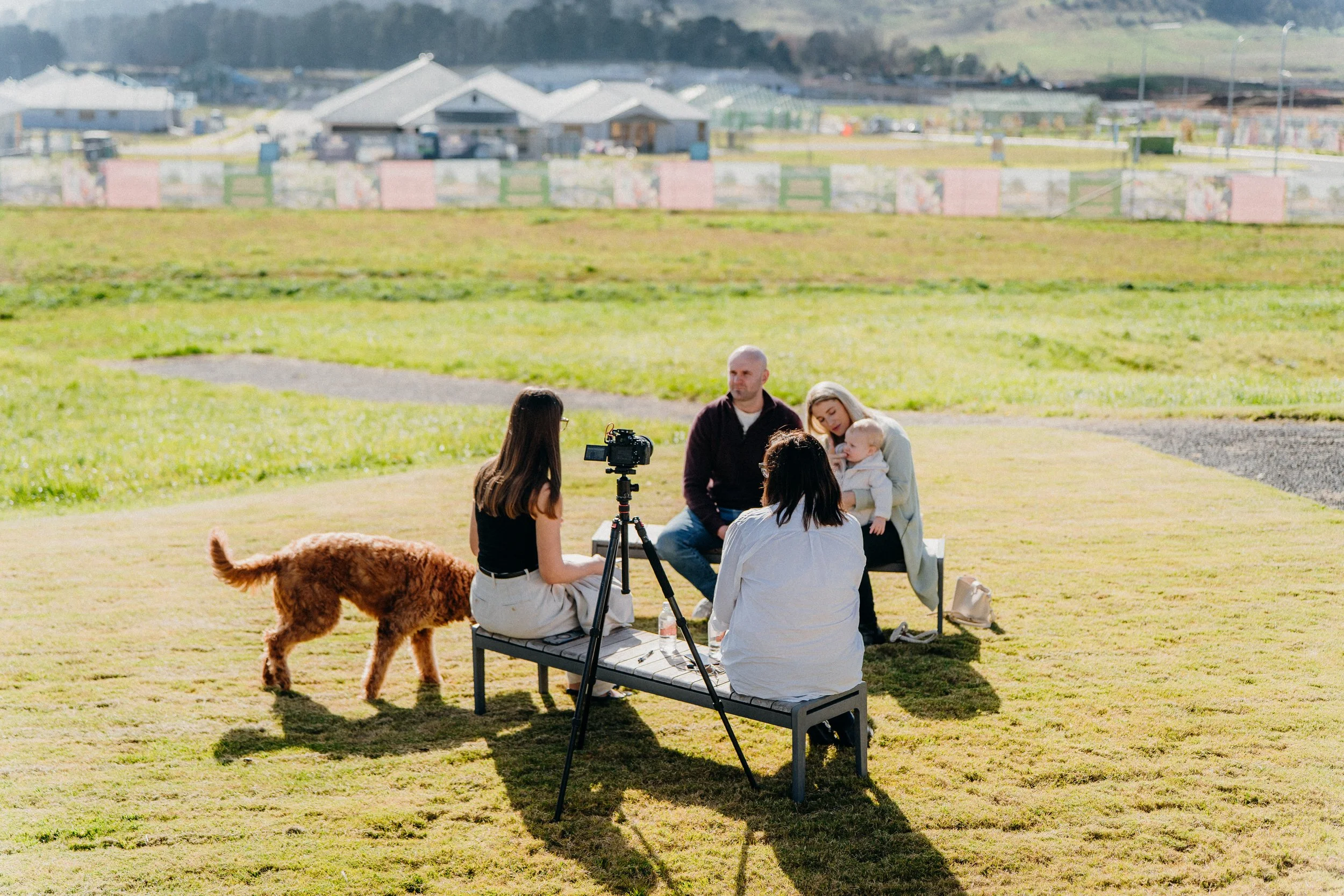 Alice (Account Manager) and Holly (Founder & Director) from Left Field Communications interviewing a case study subject for a video production series on property and development projects.