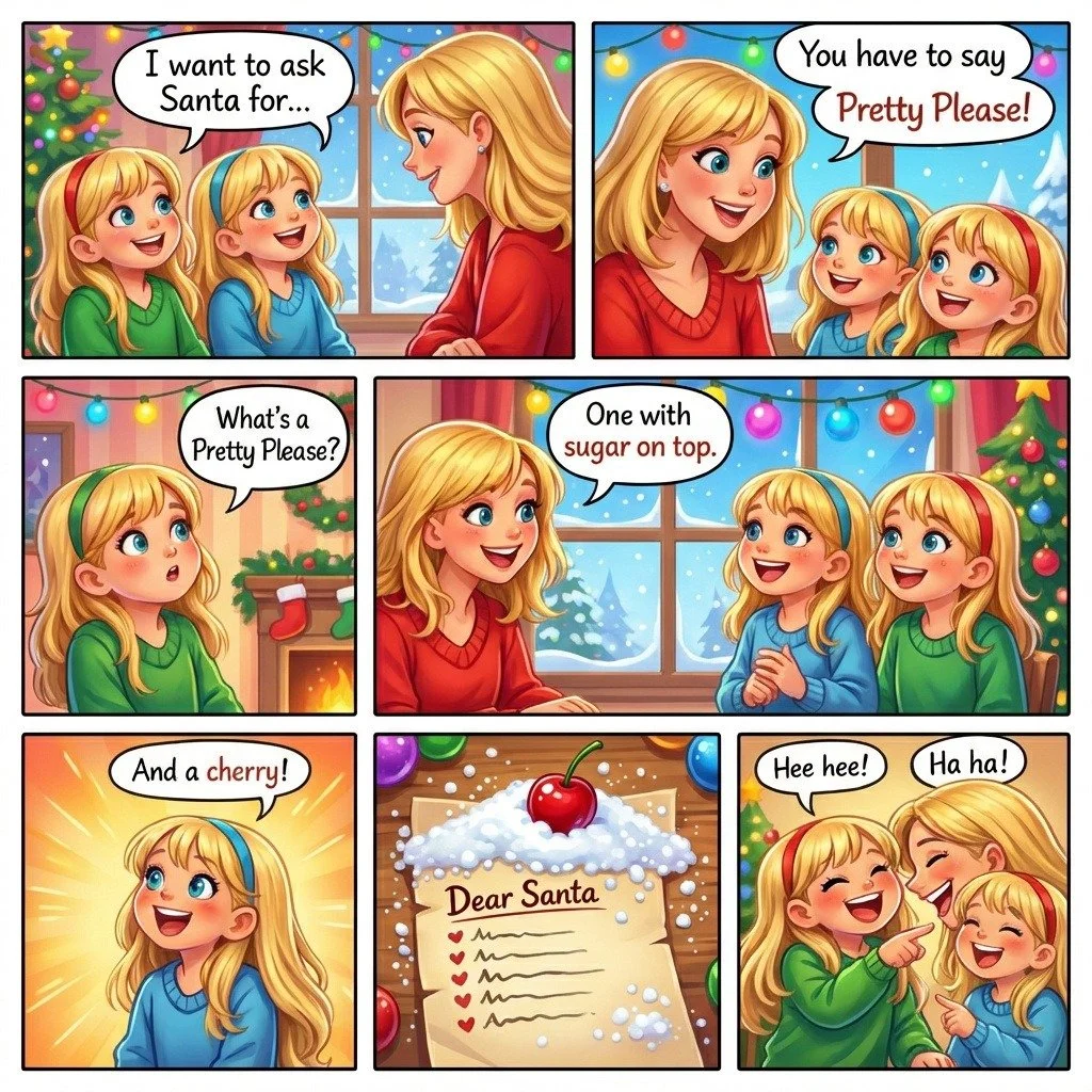 A cartoon Christmas scene with a woman and two girls unintentionally discussing a Christmas wish list. The woman instructs the girls to say 'Pretty Please' to Santa, who is depicted with a Christmas list, a cherry, and a snowy background.