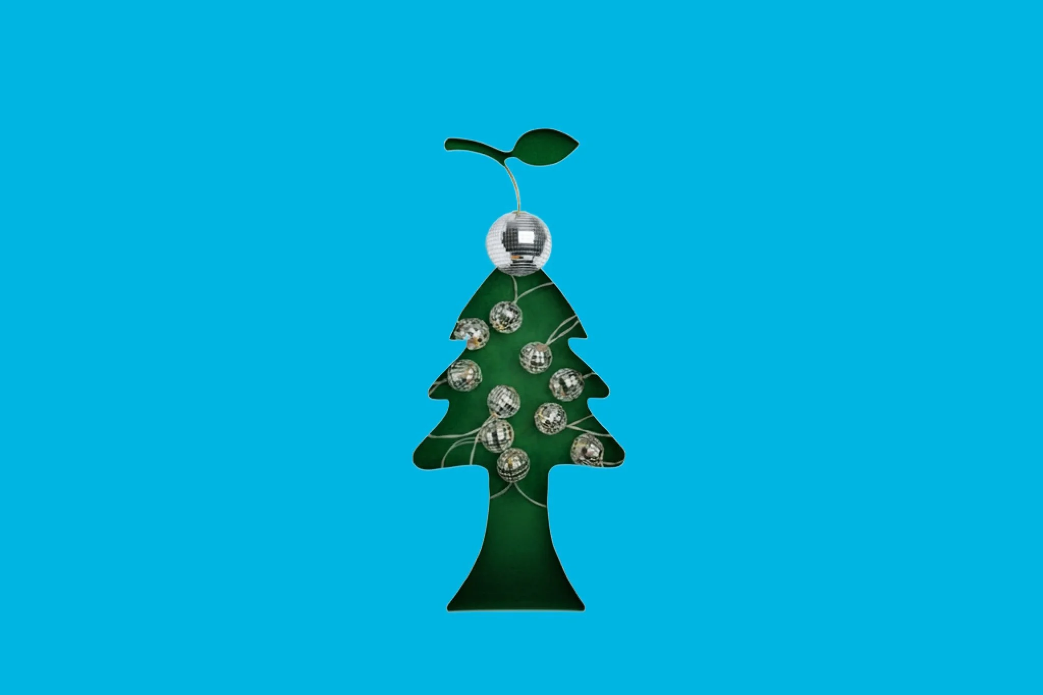 A Christmas tree-shaped cutout with a string of mini disco ball ornaments, topped with a single disco ball, on a bright blue background. Image representing Singles Sessions or Individual Therapy at CouplesTherapy.co in December.