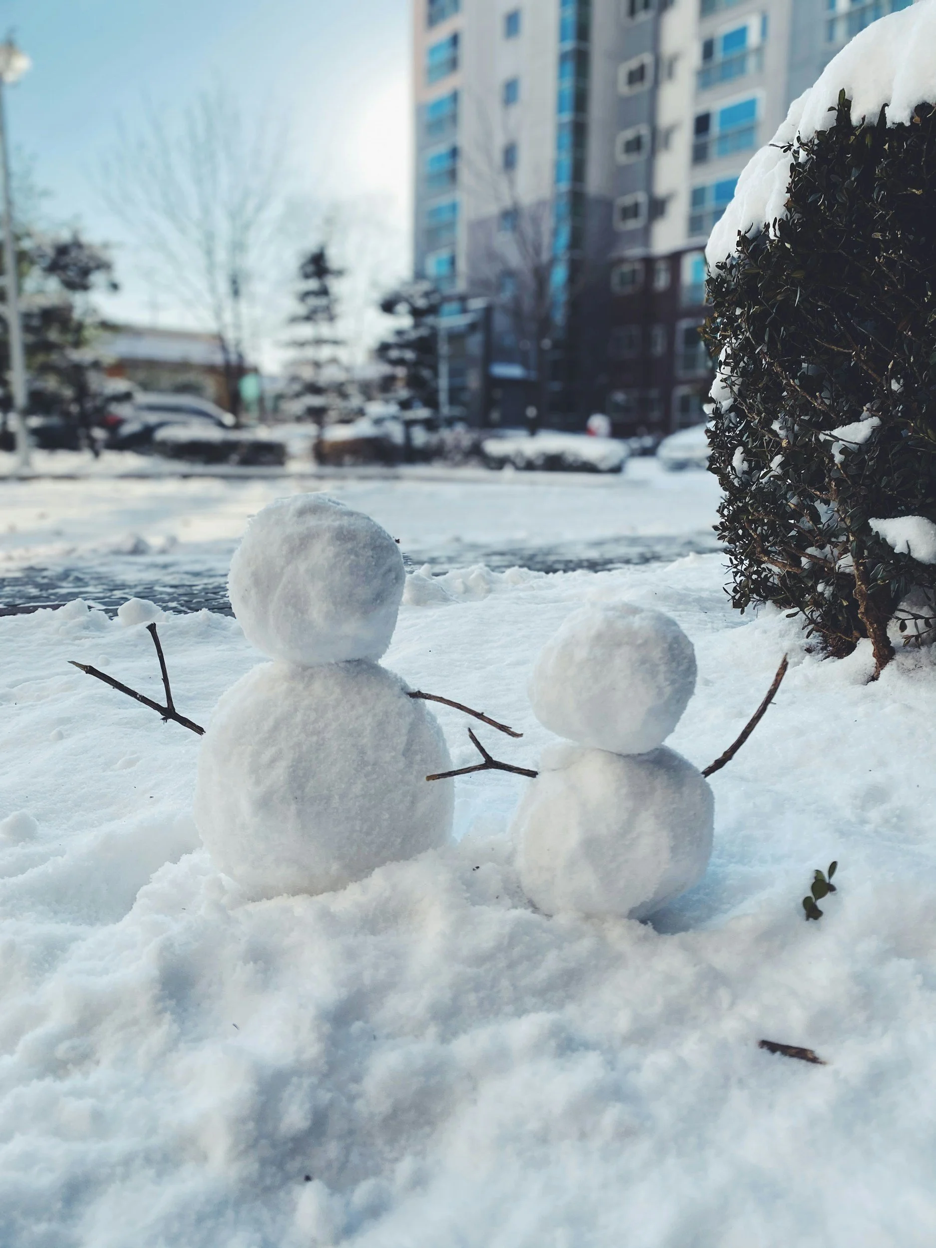 Two small snowmen built with snowballs, sticks for arms, on a snowy ground with buildings and trees in the background.
