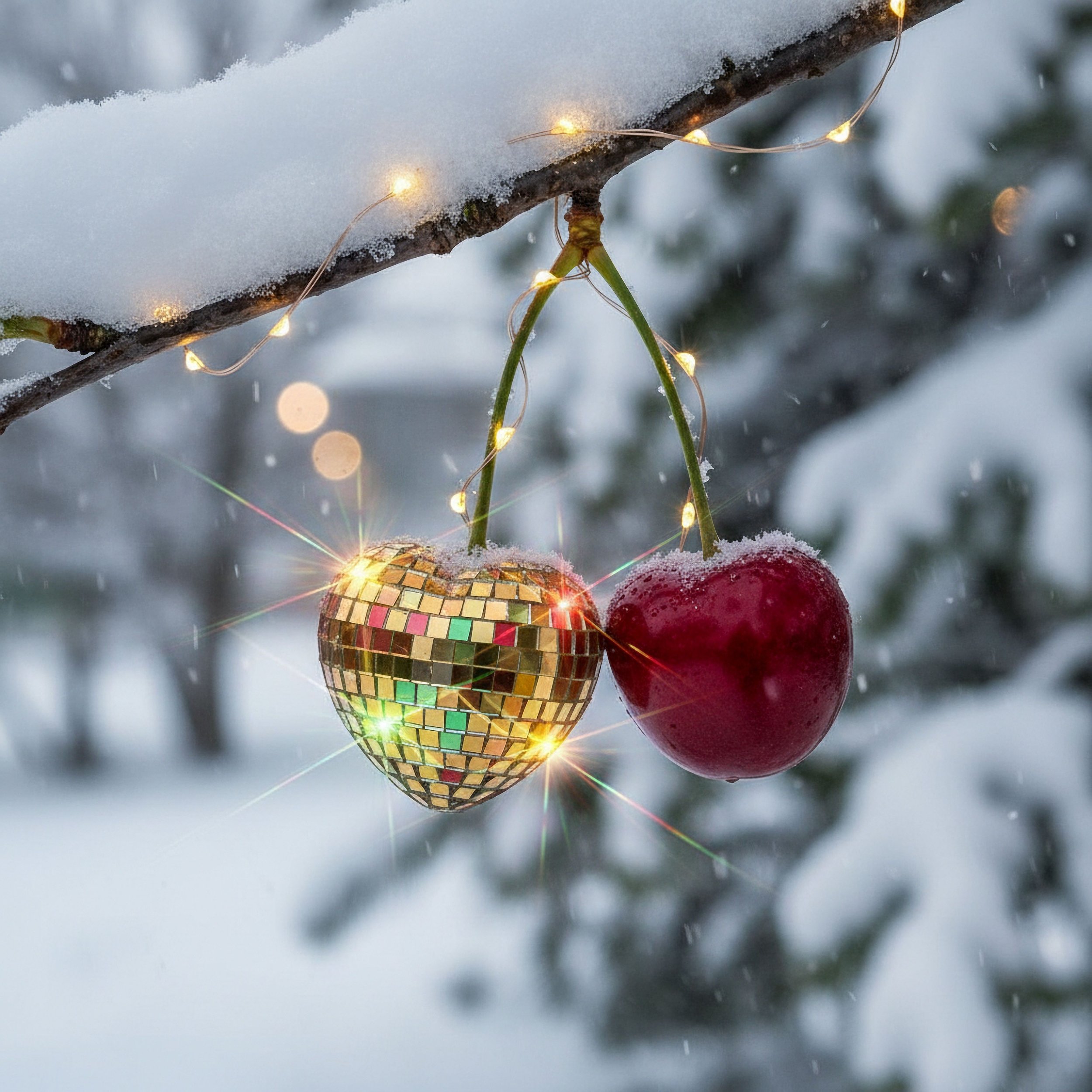 Two cherries, one with a gold mirrored disco ball surface and the other natural red, hanging from a snow-covered branch decorated with a string of small warm white fairy lights in a snowy outdoor setting.