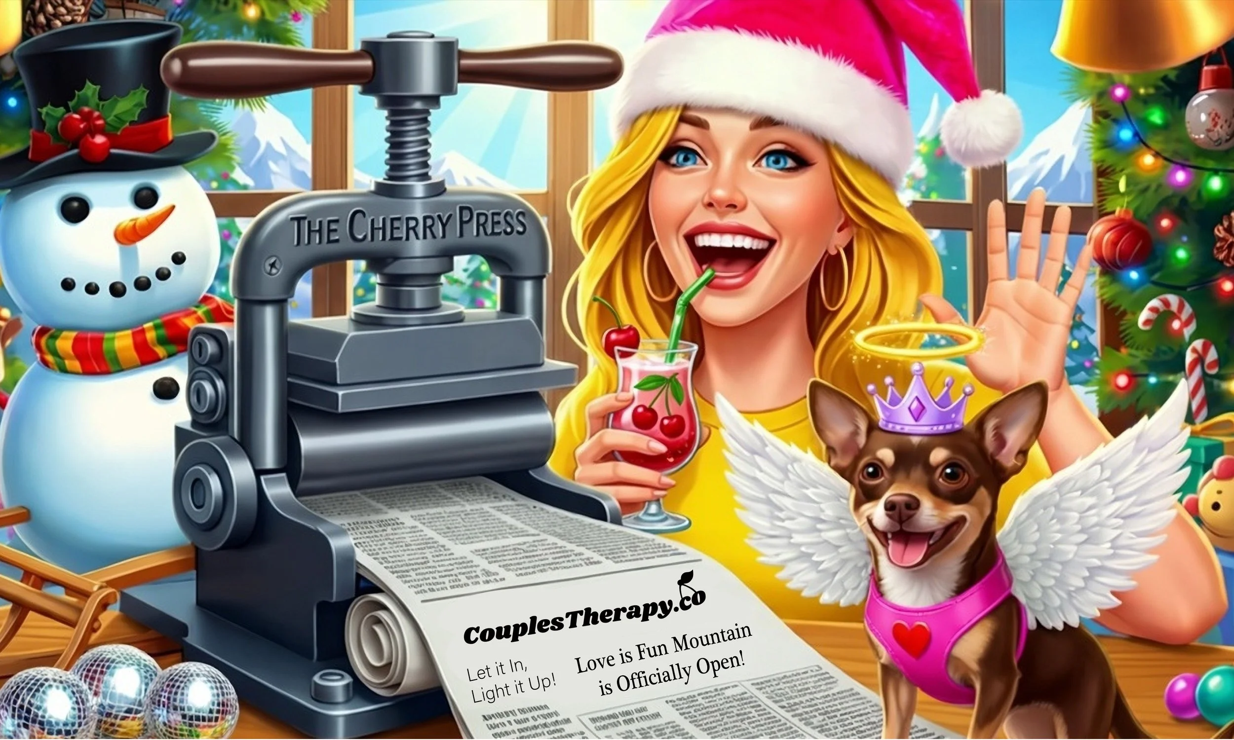 Holiday scene with a woman in a Christmas hat, a festive dog with angel wings and a crown, a snowman, decorated Christmas trees, and a printing press with a newspaper.