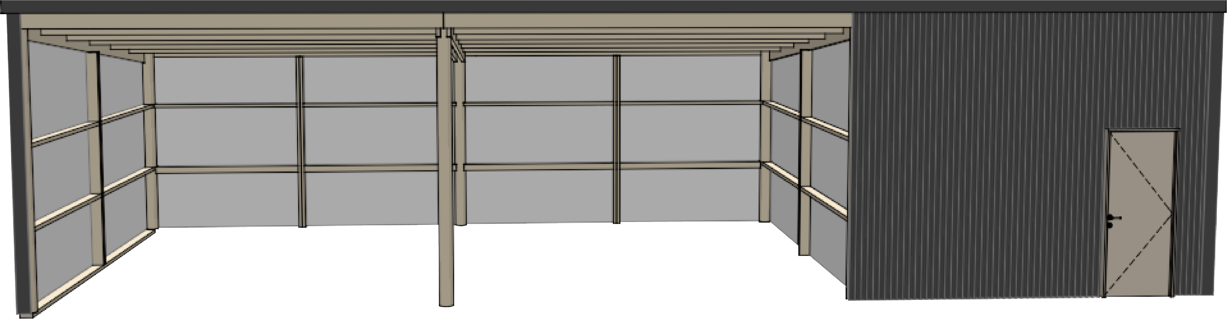 3D rendering of an interior with metal shelving and a closed gray door on the right wall.